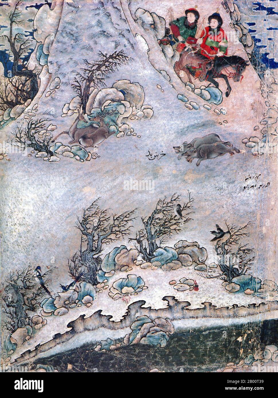 Zentralasien: Zwei Reiter jagen im Schnee in Zentralasien, 15. Jahrhundert. Gemälde aus der Schule von Siyah Kalem. Mehmed Siyah-Kalem war ein Künstler des 15. Jahrhunderts, der allein durch die Namenszuschreibung einer bemerkenswerten Serie von Gemälden bekannt war, die in der kaiserlichen osmanischen Palastbibliothek (Topkapi Saray) aufbewahrt wurden. Von seinem Leben ist nichts bekannt, aber seine Arbeit deutet darauf hin, dass er zentralasiatischer (vermutlich türkischer) Herkunft war, wahrscheinlich aus dem Iran oder Turkestan, und mit dem Lager- und Militärleben bestens vertraut war. Seine Bilder erscheinen in den ‘Conqueror’s Albums’. Stockfoto