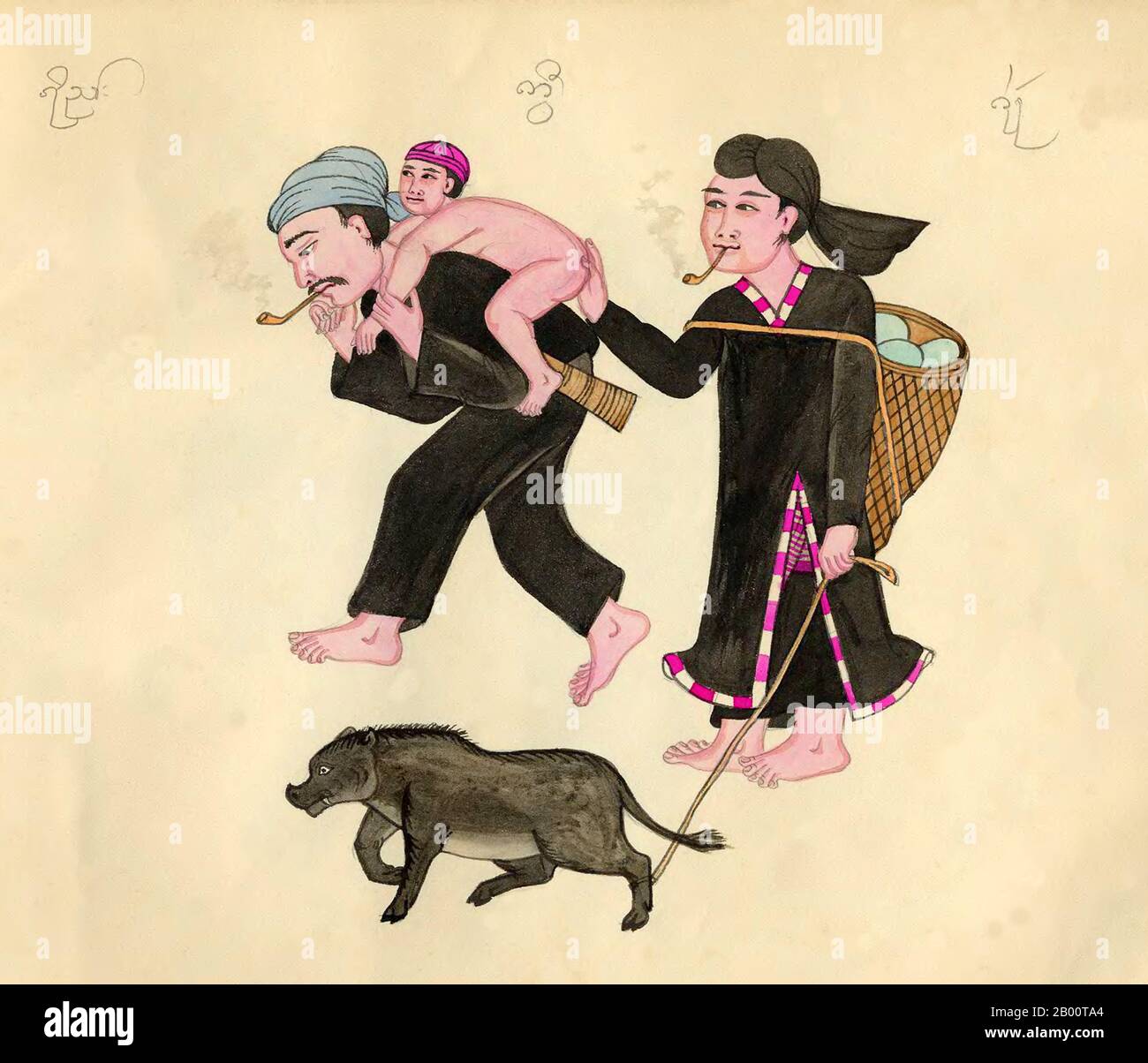 Burma/Myanmar: Eine Lahu-Familie in traditioneller Tracht mit Schwein an der Leine. Die burmesischen und Shan-Bildunterschriften identifizieren sie als 'Kwee'. Ein handgezeichnetes, handkoloriertes Aquarell aus dem späten 19. Jahrhundert von einem unbekannten burmesischen Künstler. Der Name der ethnischen Gruppe erscheint oben im Bild in der Shan-Schrift (links), der burmesischen Schrift (Mitte) und der Khun-Schrift (rechts). Die Khun-Schrift wurde früher in Kengtung/Kyaingtong im östlichen Shan-Staat und in Lan Na oder Lanna im Norden Thailands verwendet. Stockfoto