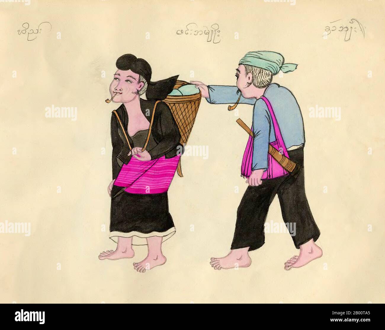 Birma/Myanmar: Hpin-Paar in ethnischer Kleidung. Der Shan-Text identifiziert sie als 'Hpin', während die Burmesen sie Hpin Amyo oder 'Hpin Tribe' nennen. Die Frau trägt einen Obstkorb und der Mann ein dah oder langes Messer. Ein handgezeichnetes, handkoloriertes Aquarell aus dem späten 19. Jahrhundert von einem unbekannten burmesischen Künstler. Der Name der ethnischen Gruppe erscheint oben im Bild in der Shan-Schrift (links), der burmesischen Schrift (Mitte) und der Khun-Schrift (rechts). Die Khun-Schrift wurde früher in Kengtung/Kyaingtong im östlichen Shan-Staat und in Lan Na oder Lanna im Norden Thailands verwendet. Stockfoto