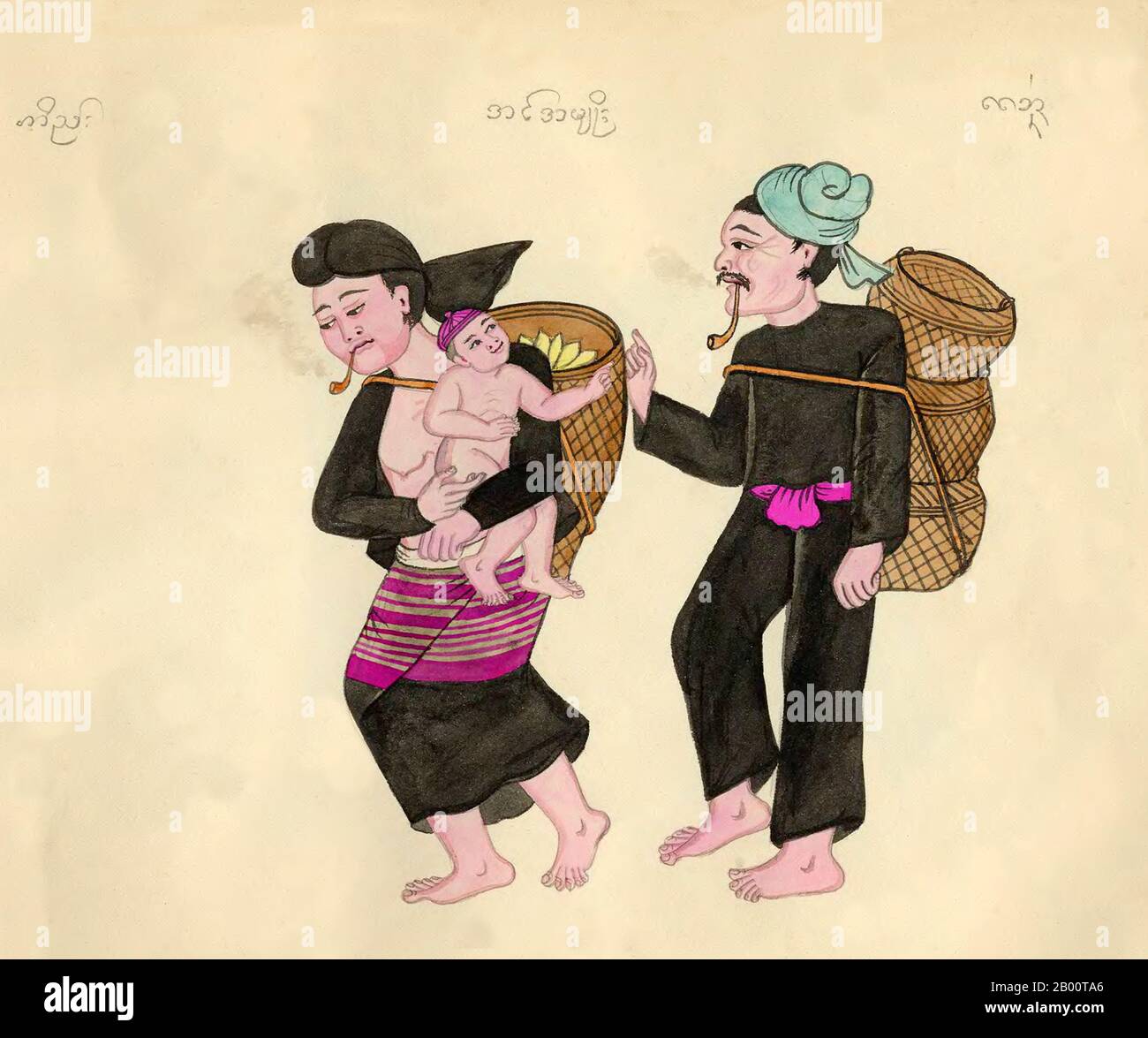 Birma/Myanmar: Junges Paar oder eng mit Baby in ethnischer Kleidung. Der Shan-Text identifiziert sie als 'in', während die Burmesen sie in Amyo oder 'in Tribe' nennen. Ein handgezeichnetes, handkoloriertes Aquarell aus dem späten 19. Jahrhundert von einem unbekannten burmesischen Künstler. Der Name der ethnischen Gruppe erscheint oben im Bild in der Shan-Schrift (links), der burmesischen Schrift (Mitte) und der Khun-Schrift (rechts). Die Khun-Schrift wurde früher in Kengtung/Kyaingtong im östlichen Shan-Staat und in Lan Na oder Lanna im Norden Thailands verwendet. Stockfoto