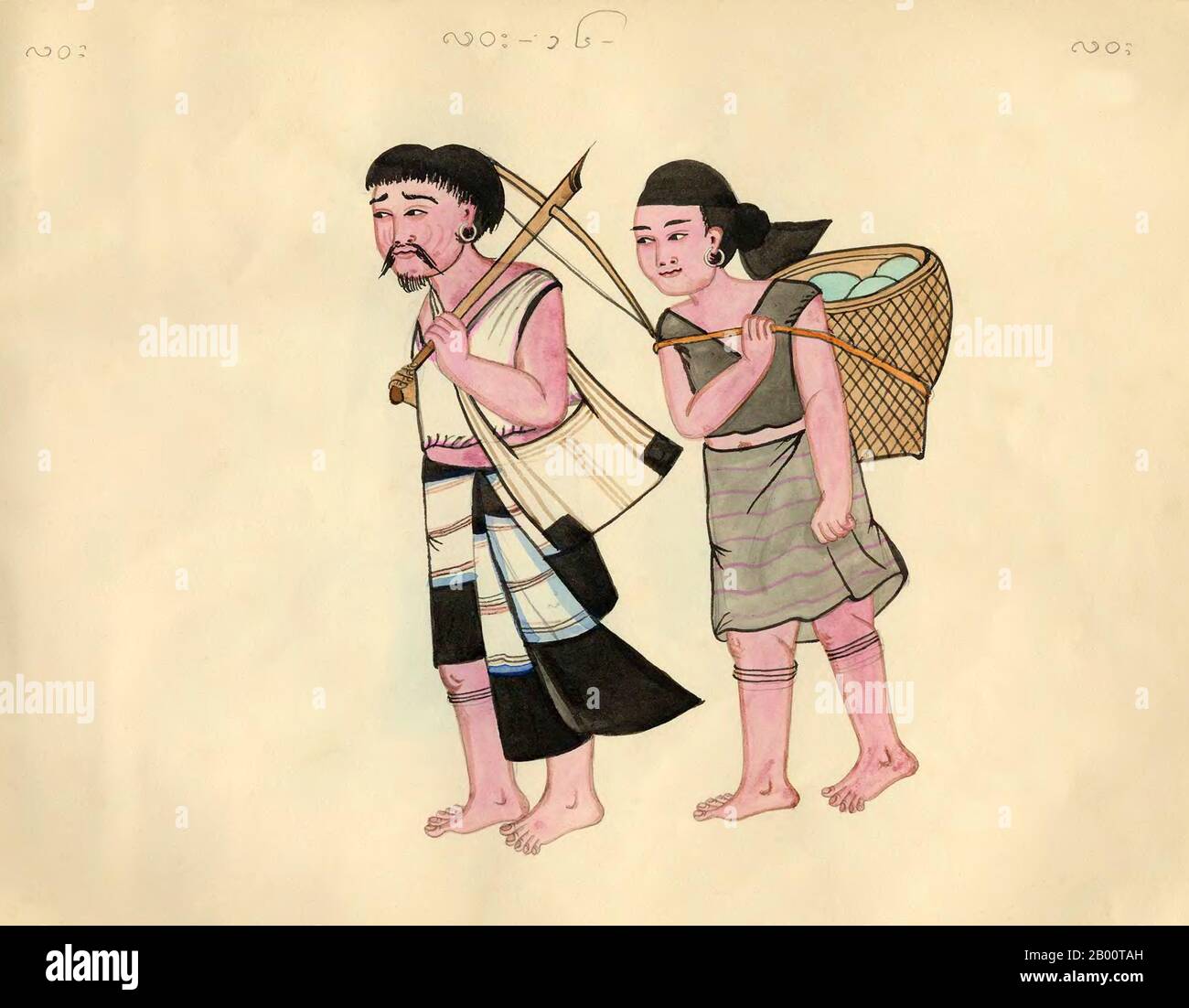 Birma/Myanmar: Ein Wa-Paar in ethnischer Kleidung. Der Shan-Text identifiziert sie als "Lawa", ebenso wie die Burmesen. Der Mann trägt eine Armbrust und einen Beutel; die Frau trägt einen Obstkorb. Ein handgezeichnetes, handkoloriertes Aquarell aus dem späten 19. Jahrhundert von einem unbekannten burmesischen Künstler. Der Name der ethnischen Gruppe erscheint oben im Bild in der Shan-Schrift (links), der burmesischen Schrift (Mitte) und der Khun-Schrift (rechts). Die Khun-Schrift wurde früher in Kengtung/Kyaingtong im östlichen Shan-Staat und in Lan Na oder Lanna im Norden Thailands verwendet. Stockfoto
