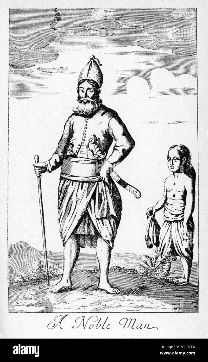 Sri Lanka: 'EIN edler Mann'. Illustration von Robert Knox (1641-1720), 1681. "Eine historische Beziehung der Insel Ceylon zusammen mit etwas besorgniserregenden abtrennenden bemerkenswerten Passagen meines Lebens, die seit meiner Befreiung aus der Gefangenschaft [sic] hapned hat", ist ein Buch, das der englische Händler und Seemann Robert Knox 1681 geschrieben hat. Er beschreibt seine Erfahrungen einige Jahre zuvor auf der südasiatischen Insel, die heute am besten als Sri Lanka bekannt ist, und stellt eine der wichtigsten zeitgenössischen Darstellungen des ceylonesischen Lebens aus dem 17. Jahrhundert dar. KNOX verbrachte 19 Jahre auf Ceylon als Gefangener von König Rajasimha II. Stockfoto