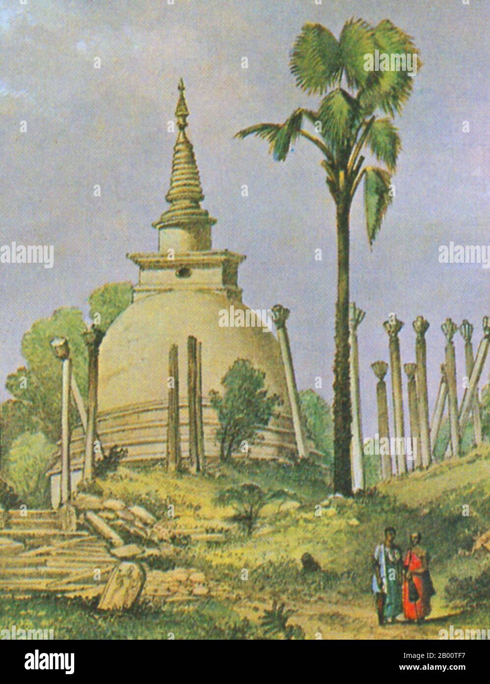 Sri Lanka: Ein Farbstich des Thuparamas in Anuradhapura aus dem 19. Jahrhundert (1864). Anuradhapura ist eine der alten Hauptstädte von Sri Lanka, berühmt für seine gut erhaltenen Ruinen der alten lankischen Zivilisation. Die Stadt, heute UNESCO-Weltkulturerbe, liegt 205 km nördlich der heutigen Hauptstadt Colombo in Sri Lankas Nord-Central-Provinz, am Ufer des historischen Malvathu Oya. Vom 4. Jahrhundert vor Christus war es die Hauptstadt von Sri Lanka bis zum Beginn des 11. Jahrhunderts nach Christus. Während dieser Zeit blieb es eines der stabilsten und dauerhaftesten Zentren der politischen Macht in Südasien. Stockfoto