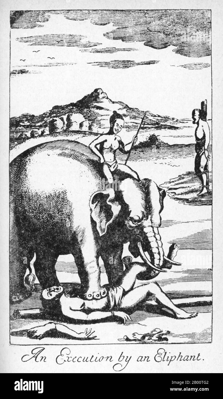 Sri Lanka: "Eine Hinrichtung durch Elefanten. Illustration von Robert Knox (1641-1720), 1681. "An Historical Relation of the Island Ceylon... since my Deliverance Out of Captivity" ist ein Buch, das der englische Händler und Segler Robert Knox 1681 geschrieben hat. Er beschreibt seine Erfahrungen einige Jahre zuvor auf der südasiatischen Insel, die heute am besten als Sri Lanka bekannt ist, und stellt eine der wichtigsten zeitgenössischen Darstellungen des ceylonesischen Lebens aus dem 17. Jahrhundert dar. KNOX verbrachte 19 Jahre auf Ceylon als Gefangener von König Rajasimha II. Stockfoto