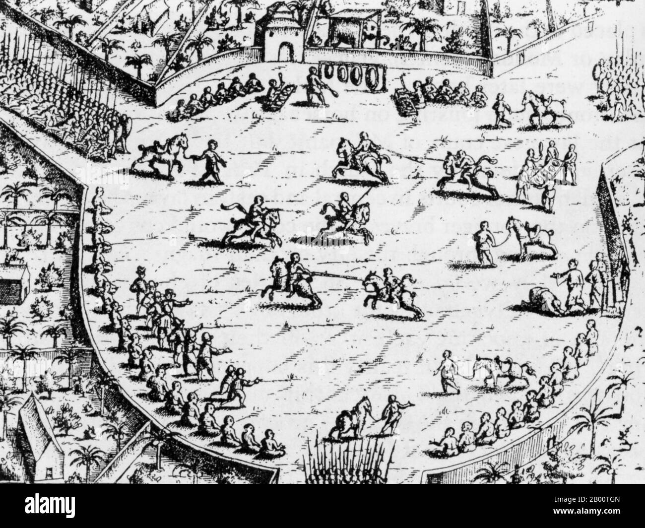 Indonesien: Ein wöchentliches 'Senanan'-Turnier in Tuban, Java, gesehen von den Holländern im Jahr 1599. Senanan, was "Tag" bedeutet, war ein Wettkampf, der Anfang der Woche in vielen Gebieten von Java ausgetragen wurde. Mehr von einer Pferdeparade und eine Show der Pferdesport im Gegensatz zu einem Blutsport, die Veranstaltungen wurden auf dem Hauptplatz der Stadt mit königlichen Würdenträgern oder Hofbeamten in Anwesenheit statt. Die Dutch East India Company, oder VOC, war ein gechartertes Unternehmen, das von der niederländischen Regierung ein Monopol zur Durchführung kolonialer Aktivitäten in Asien erhielt. Es war das erste multinationale Unternehmen der Welt. Stockfoto