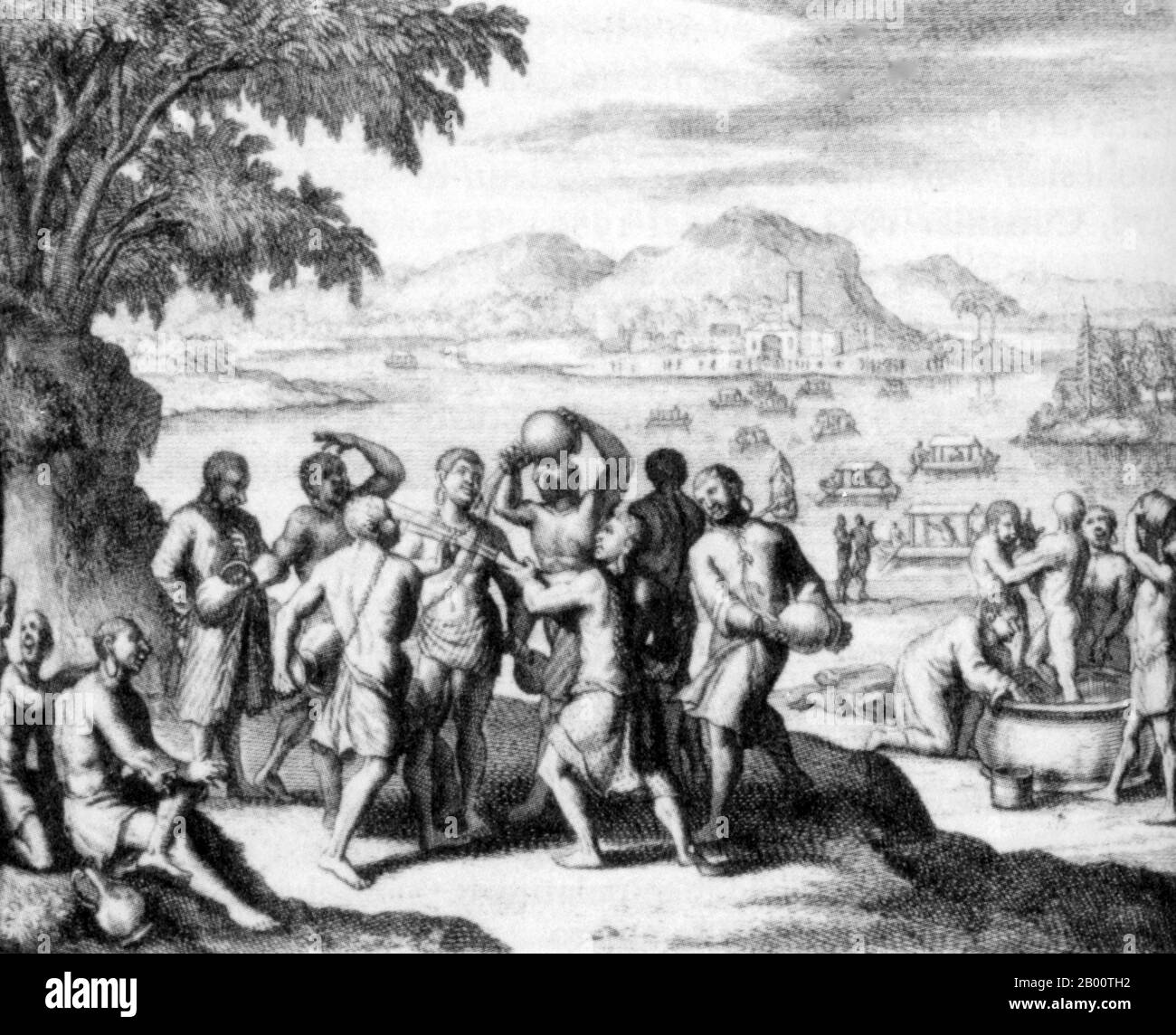 Birma/Myanmar: Ein Neujahrsfest in Pegu im unteren Burma aus dem 17. Jahrhundert. Das jährliche Wasserfest, in Burma als "Thingyan" bekannt, markiert den Beginn der Regenzeit und wird in Burma, Thailand und anderen südostasiatischen Ländern, in der Regel im April gefeiert. In dieser Szene der Feiernden sammeln die Teilnehmer Wasser aus dem Pegu-Fluss und gießen oder werfen es über einander. Stockfoto