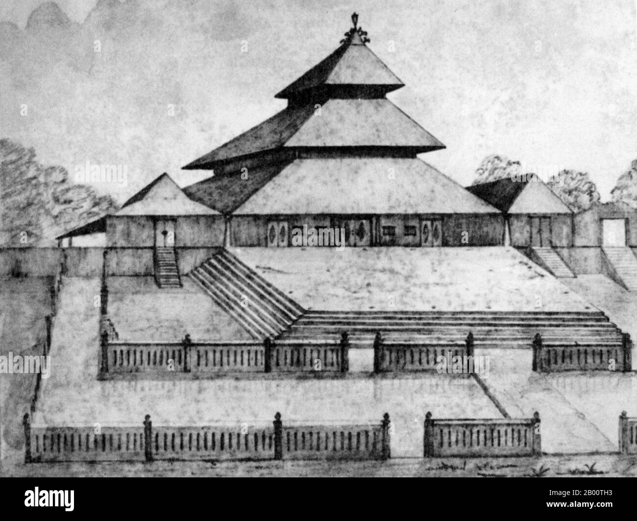 Indonesien: Eine Bleistiftskizze aus dem Jahr 1847 der Surakarta Moschee in Zentral-Java. Die in den 1760er Jahren erbaute pyramidenförmige große Moschee von Surakarta gilt als eines der kunstvollsten und eindrucksvollsten Beispiele javanesischer Architektur. Stockfoto