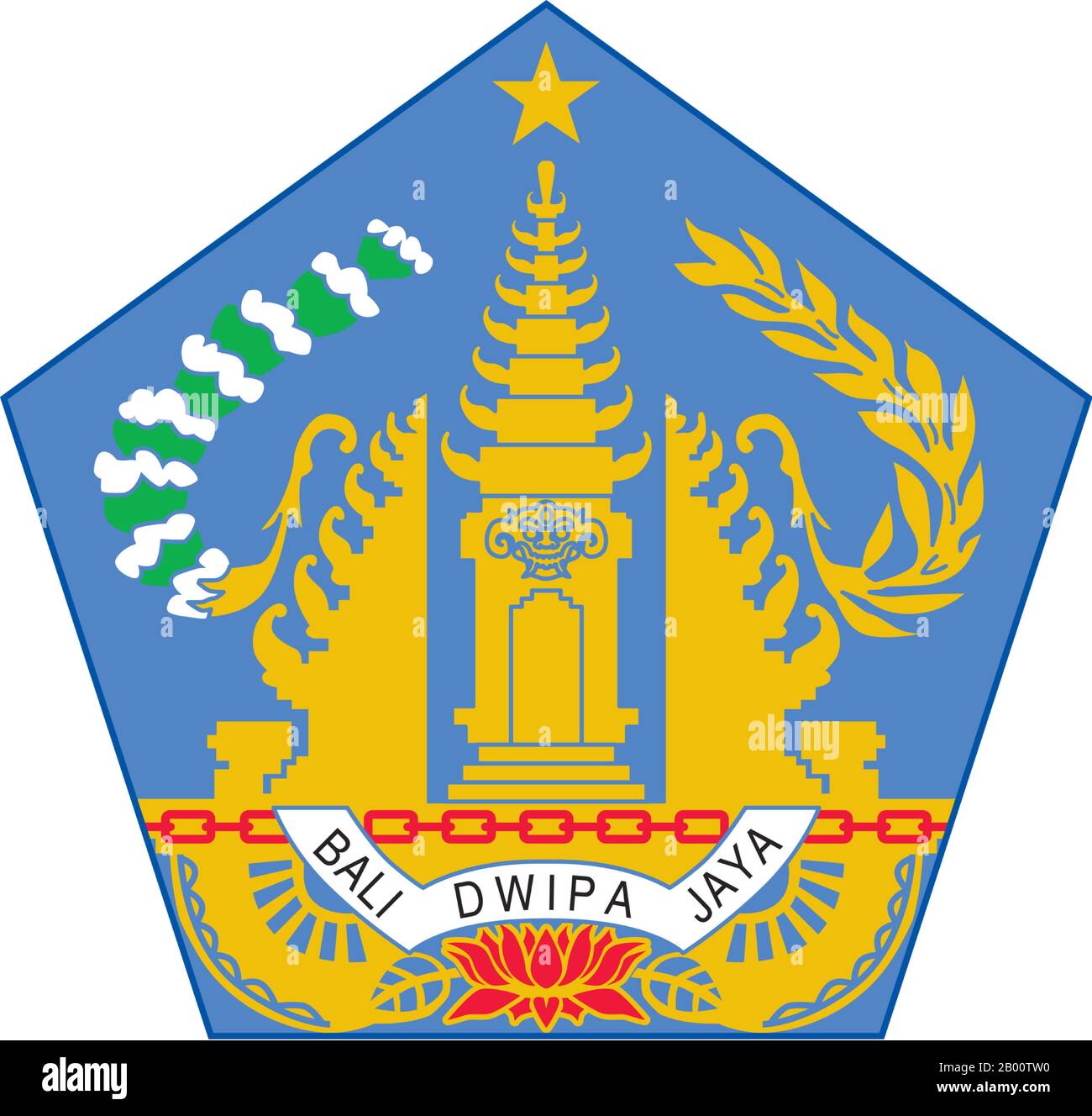 Indonesien: Wappen der Insel Bali. Bali ist die Heimat der meisten kleinen Hindu-Minderheit Indonesiens mit etwa 92% der 4 Millionen Einwohner der Insel, die dem balinesischen Hinduismus anhängen, während der Großteil der übrigen dem Islam folgen. Bali ist das größte Touristenziel Indonesiens und bekannt für seine hoch entwickelten Künste, darunter traditioneller und moderner Tanz, Skulptur, Malerei, Lederarbeiten, Metallarbeiten und Musik. Stockfoto