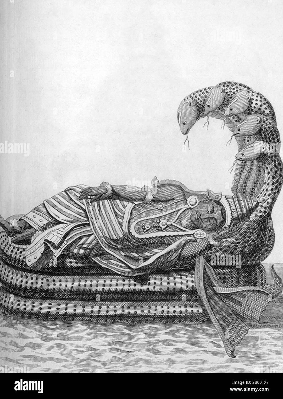 Indien: 'Vishnu schläft auf Adhi Shesha, seinem Schlangenbett, im unendlichen Meer der Milch'. Illustration von Pierre Sonnerat (1748-1814), 1782. Pierre Sonnerat (1748-1814) war ein französischer Naturforscher und Forscher, der zwischen 1769 und 1781 mehrere Reisen nach Südostasien machte. Er veröffentlichte diese zweibändige Bericht über seine Reise von 1774-81 in 1782. Band 1 befasst sich ausschließlich mit Indien, dessen Kultur Sonnerat sehr bewundert, und ist besonders bemerkenswert für seine erweiterte Diskussion über Religion in Indien, Hinduismus im Besonderen. Das Buch ist mit Stichen illustriert, die auf Sonnerat’s Zeichnungen basieren. Stockfoto