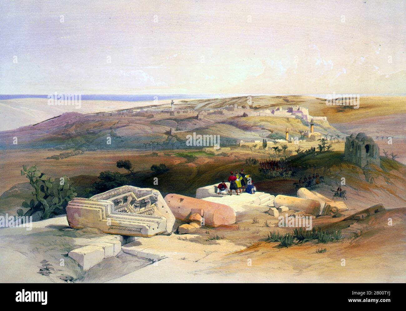 Palästina/Israel: "Ein Blick auf Gaza". Lithographie von David Roberts (1796-1864), c. 1840. David Roberts RA (1796-1864) war ein schottischer Maler. Er ist vor allem für eine fruchtbare Serie von detaillierten Drucken von Ägypten und dem Nahen Osten bekannt, die er in den 1840er Jahren aus Skizzen, die er während langer Touren durch die Region (1838–1840) machte, produzierte. Dieses Werk und seine großen Ölgemälde ähnlicher Motive machten ihn zu einem prominenten orientalistischen Maler. 1841 wurde er zum Royal Academician gewählt. Stockfoto