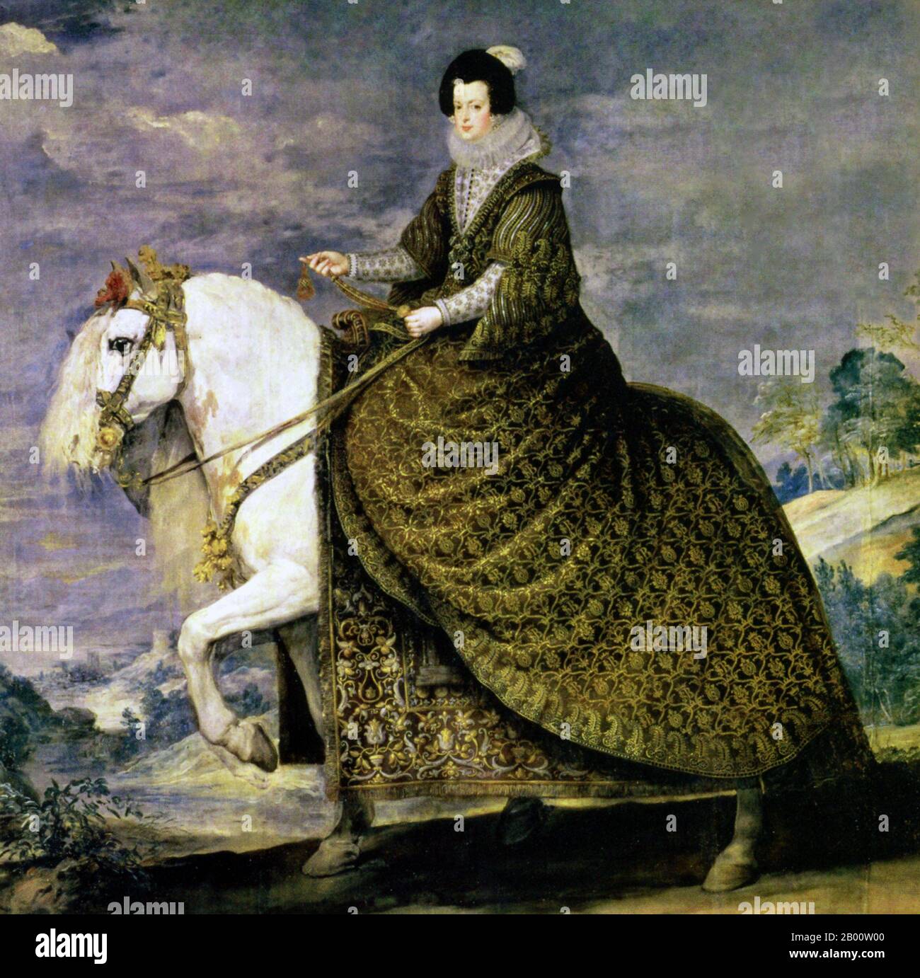 Spanien/ Frankreich/ Maghreb: Isabel von Bourbon wird auf einem andalusischen Pferd dargestellt. Öl auf Leinwand Gemälde von Diego Velazquez (1599-1660), c. 1635. Isabella von Bourbon/Elisabeth von Frankreich (1602-1644) war Königin Consort von Spanien und Portugal, und war mit König Philipp V. von Spanien verheiratet. Sie diente kurz als Regentin während der katalanischen Revolte in den Jahren 1640-1642, und wieder in den Jahren 1643-1644. Das andalusische Pferd war eine Kreuzung der nordafrikanischen Barbe und des spanischen Pferdes, das am Umayyaden-Hof in Cordoba entwickelt wurde und das bevorzugte Reittier vieler europäischer Könige war. Stockfoto