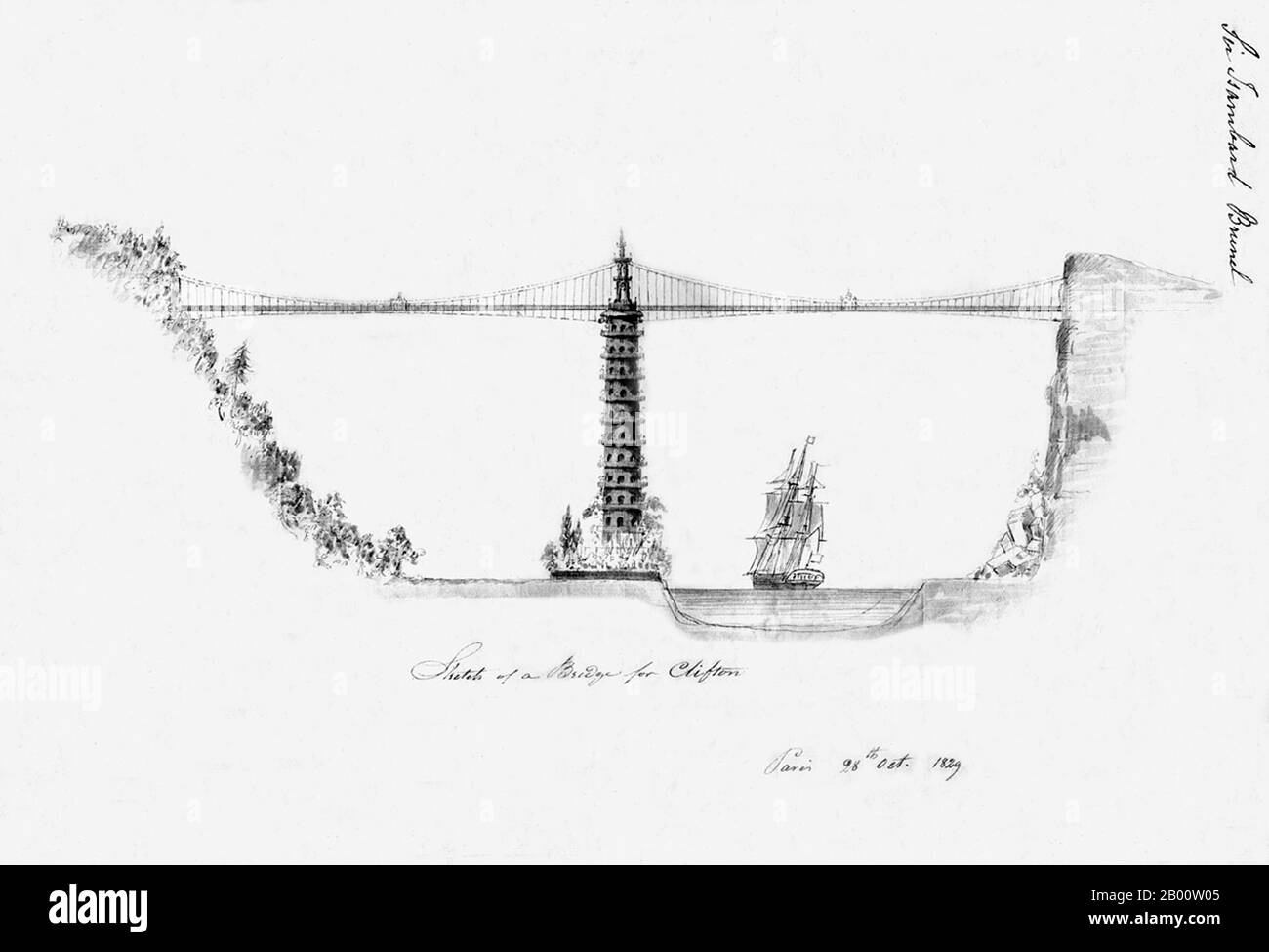 Ein bemerkenswertes Design für eine Chinoiserie Brücke über die Avon Gorge in Bristol von Sir Isambard Kingdom Brunel, 1829. Die Clifton Suspension Bridge wurde schließlich 1864 nach Brunels Entwurf fertiggestellt, jedoch ohne die Pagode. Stockfoto