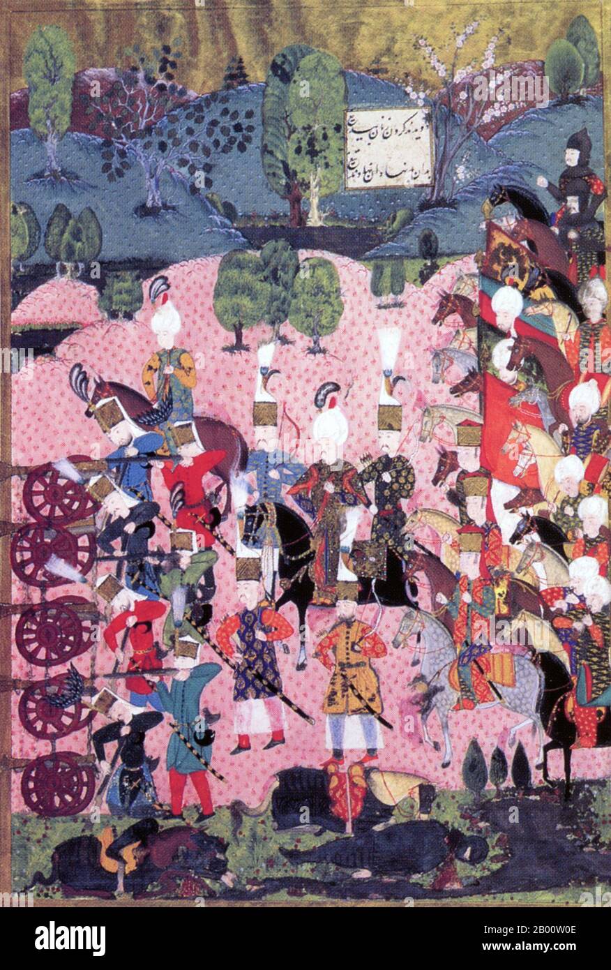 Türkei/Ungarn: 'Die Schlacht von Mohacs', ein Gemälde aus der illustrierten Handschrift 'Suleymanname' von Arif Celebi, datiert 1558. Die Schlacht von Mohács wurde am 29. August 1526 in der Nähe von Mohács in Ungarn ausgetragen. Die Streitkräfte von König Ludwig II. Von Ungarn und Böhmen wurden von der osmanischen Armee unter der Führung von Sultan Suleyman dem Magnificent besiegt. Der osmanische Sieg markierte das Ende der Jagiellon-Dynastie in Ungarn, die über mehrere Jahrhunderte zwischen dem Osmanischen Reich, der Habsburger Monarchie und dem Fürstentum Siebenbürgen aufgeteilt wurde. Stockfoto