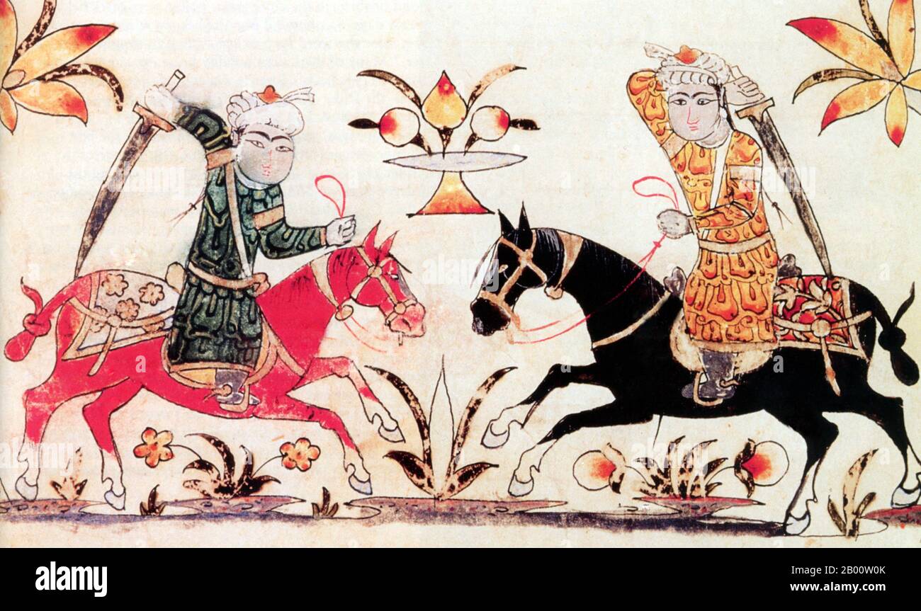 Ägypten/ Maghreb: Eine Illustration aus einem Mamluk Kavallerie-Handbuch von 1371 mit Barb-Hengsthaltern. Während der Zeit der arabischen Expansion nach Nordafrika wurde die Kavallerie oft auf kleinen, agilen Pferden, genannt ‘Berbers’, oder ‘Barbs’, bestiegen. Bekannt für Geschwindigkeit, Ausdauer und Mut im Krieg, war der Barb ein wichtiger Bestandteil der arabischen Kräfte. Stockfoto