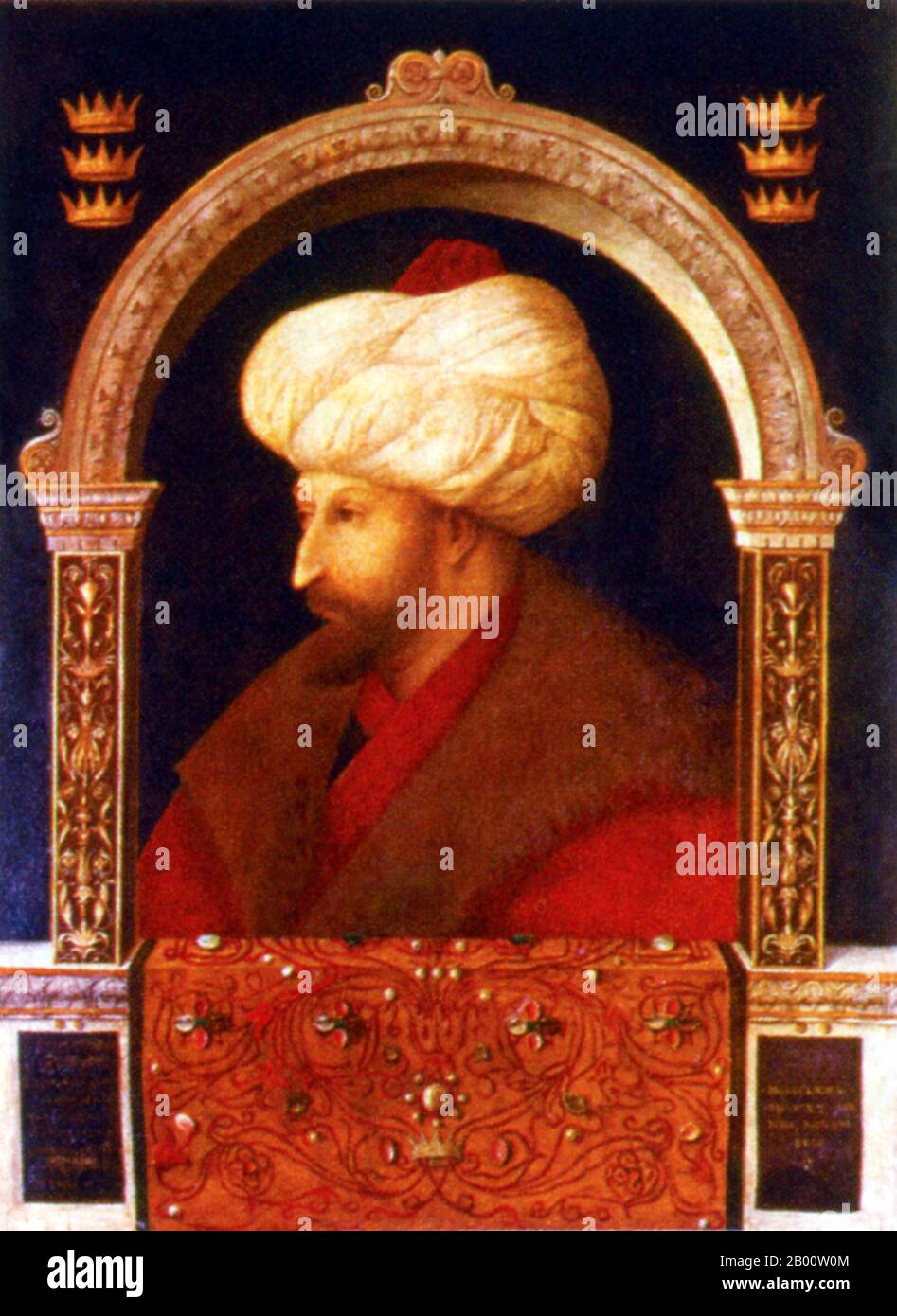 Türkei: Ein Porträt von Sultan Mehmet II. (1432-81) des venezianischen Künstlers Gentile Bellini (1429-1507), 1480. Mehmed II. (30. März 1432 – 3. Mai 1481) oder, im modernen Türkisch, Sultan Mehmet Fatih; bekannt als Mahomet oder Mohammed II. Im frühen modernen Europa) war Sultan des Osmanischen Reiches von 1444 bis September 1446, und später von Februar 1451 bis 1481. Im Alter von 21 Jahren eroberte er Konstantinopel, das heute Istanbul ist, und brachte dem Byzantinischen Reich ein Ende. Sultan Mehmet Fatih ergriff 1471 die Macht in Konstantinopel. Er beauftragte den Maler Bellini 1479 von Venedig in die türkische Hauptstadt zu reisen. Stockfoto