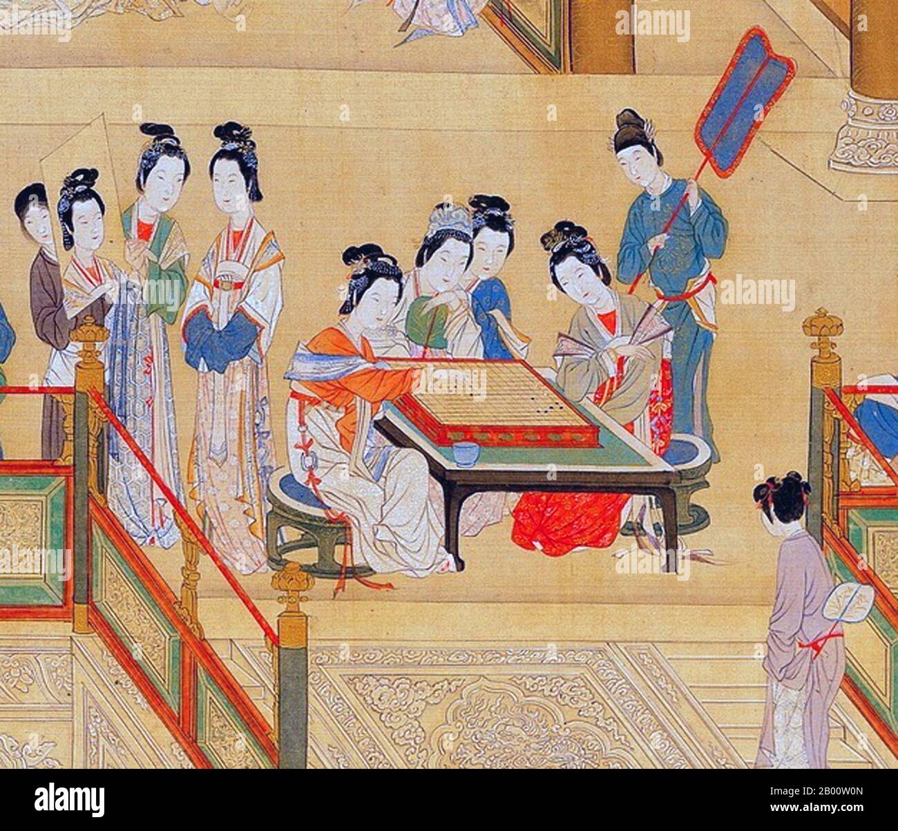 China: Eine Gruppe von Palastdamen spielt "Go" in der Verbotenen Stadt, Peking. Handscroll Gemälde von Qiu Ying (1494-1552), 16. Jahrhundert. Go (japanischer Name), bekannt als "weiqi" auf Chinesisch und "baduk" auf Koreanisch, ist ein altes Brettspiel für zwei Spieler, das trotz seiner relativ einfachen Regeln bekannt ist, reich an Strategie zu sein. Stockfoto