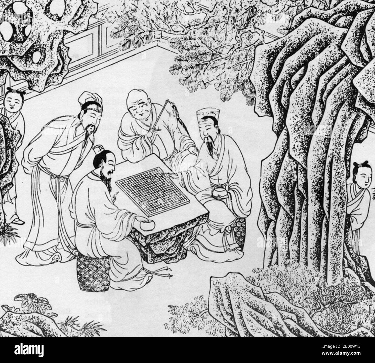 China: Männer, die im kaiserlichen China, wahrscheinlich in der Ming-Dynastie (1368-1644), ein Spiel von 'Go' spielen. Go (japanischer Name), bekannt als "weiqi" auf Chinesisch und "baduk" auf Koreanisch, ist ein altes Brettspiel für zwei Spieler, das trotz seiner relativ einfachen Regeln bekannt ist, reich an Strategie zu sein. Stockfoto