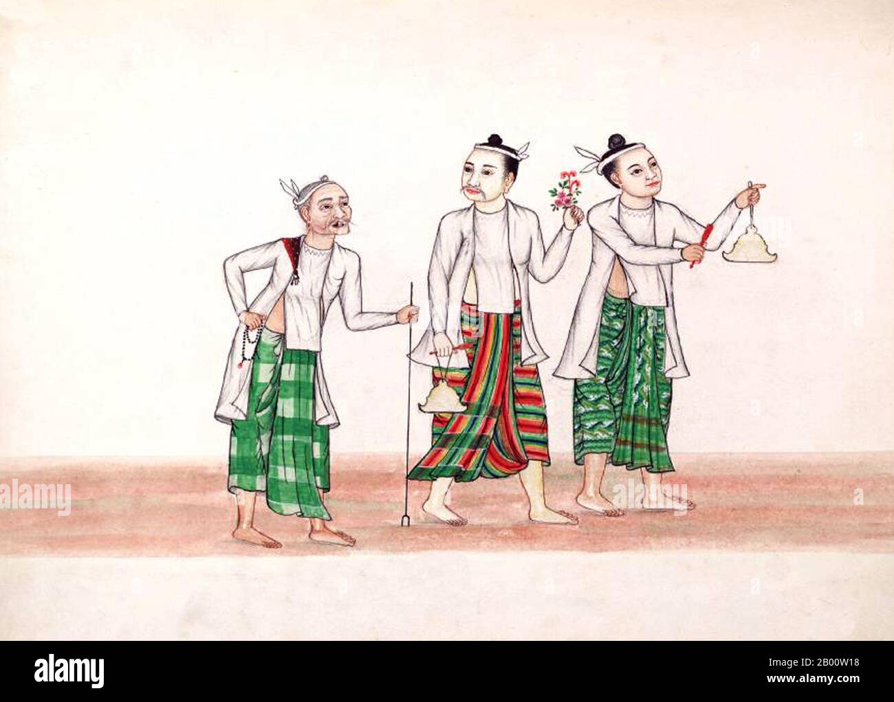 Birma/Myanmar: Neigh-Ban-Zaw, Rufer zum Gottesdienst. Dieses Gemälde, von einem unbekannten burmesischen Künstler, ist aus einem Aquarell Skizzenalbum von c.1897, das Illustrationen von buddhistischen Mönchen, Buddha, Klöster, Krematationen und häusliche Szenen enthält. Die Legende schreibt die erste buddhistische Lehre in Burma auf 228 v. Chr. zurück, als Sohn Uttar Sthavira, einer der königlichen Mönche von Kaiser Ashoka dem Großen von Indien, mit anderen Mönchen und heiligen Texten ins Land kam. Allerdings begann die Ära des Buddhismus wirklich im 11. Jahrhundert, nachdem König Anawrahta von Pagan (Bagan) zum Theravada Buddhismus umgewandelt wurde. Stockfoto