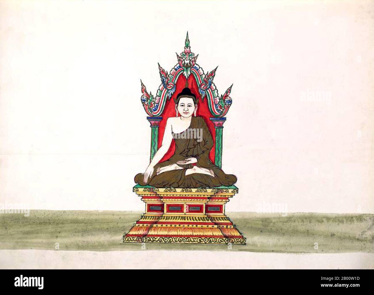 Burma/Myanmar: Baudee Pallin, der Buddha in der Meditation. Dieses Gemälde, von einem unbekannten burmesischen Künstler, ist aus einem Aquarell Skizzenalbum von c.1897, das Illustrationen von buddhistischen Mönchen, Buddha, Klöster, Krematationen und häusliche Szenen enthält. Die Legende schreibt die erste buddhistische Lehre in Burma auf 228 v. Chr. zurück, als Sohn Uttar Sthavira, einer der königlichen Mönche von Kaiser Ashoka dem Großen von Indien, mit anderen Mönchen und heiligen Texten ins Land kam. Allerdings begann die Ära des Buddhismus wirklich im 11. Jahrhundert, nachdem König Anawrahta von Pagan (Bagan) zum Buddhismus umgewandelt wurde. Stockfoto