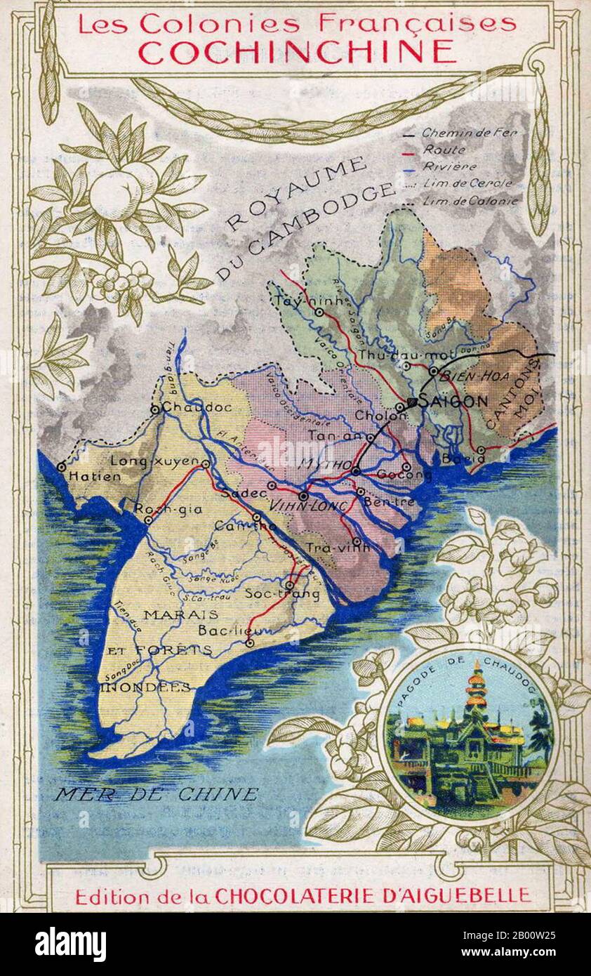 Vietnam: 'Les Colonies Francaises - Cochinchine' (Die Französischen Kolonien - Cochinchina). Karte herausgegeben von Editions de la Chocolaterie d'Aiguebelle, c. 1930. Cochinchina, einzigartig in Französisch Indochina, wurde als eine Kolonie von den Franzosen, im Gegensatz zu den Abhängigkeiten von Annam und Tonkin. Stockfoto