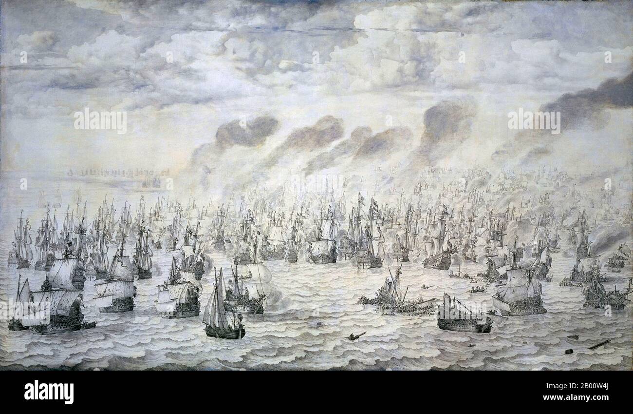 Niederlande: 'Die Schlacht von Scheveningen, 10. August 1653'. Tusche und Öl auf Leinwand Gemälde von Willem van de Velde der Ältere (c. 1611-1693), 1657. Die Schlacht von Scheveningen war die letzte Seeschlacht des ersten Anglo-Niederländischen Krieges. Im Juni 1653 hatte die englische Flotte eine Blockade der niederländischen Küste begonnen. Am 10. August wurden englische und niederländische Schiffe eingesetzt, was zu schweren Schäden auf beiden Seiten führte. Die Blockade wurde aufgehoben, aber der Tod des niederländischen Admiral Maarten Tromp war ein schwerer Schlag, der schließlich zu holländischen Zugeständnissen im Vertrag von Westminster führte. Stockfoto