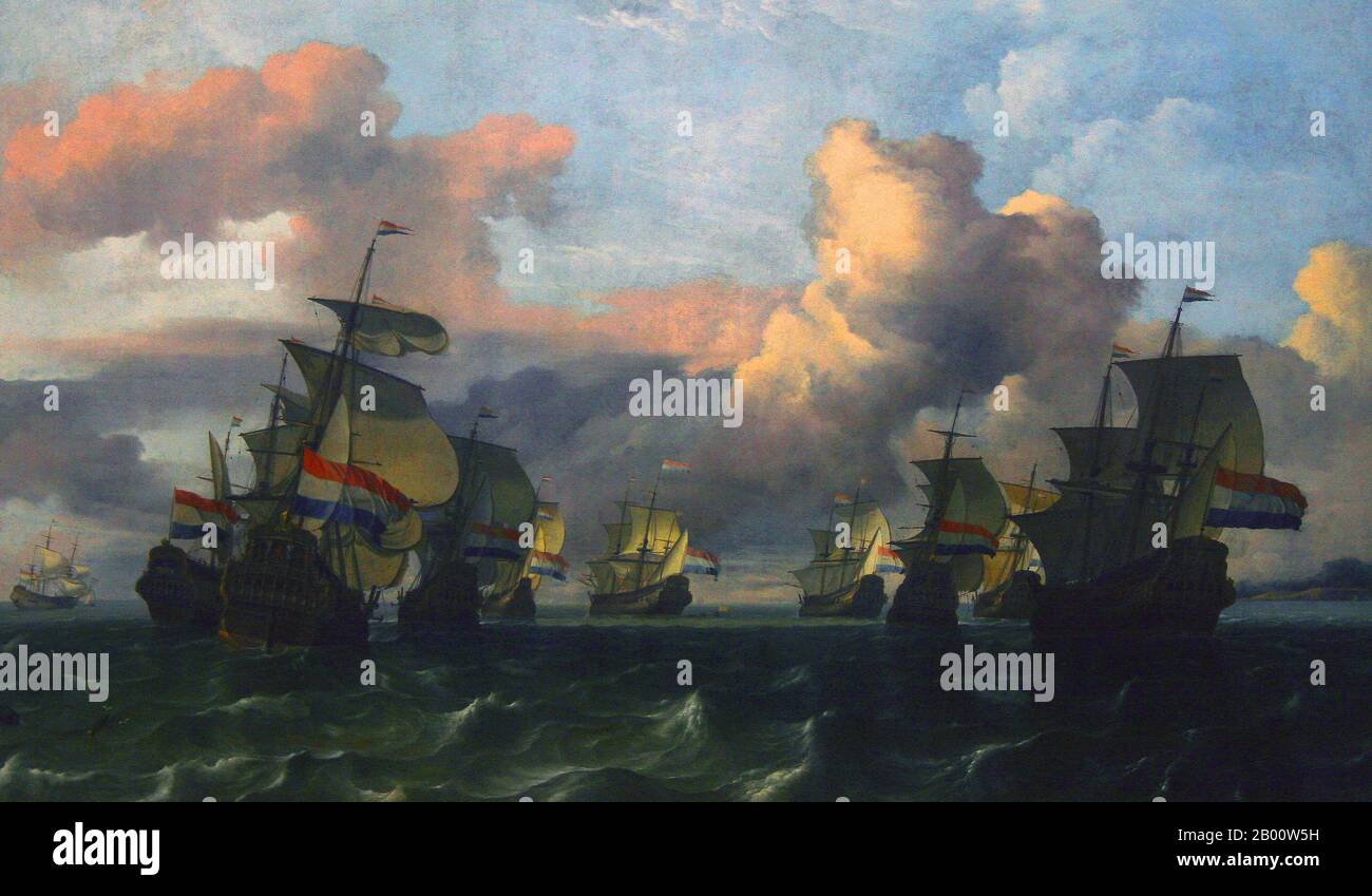 Maritime: 'Dutch Fleet of the West India Company'. Öl auf Leinwand Gemälde von Ludolf Bakhuizen (1630-1708), 1677. Ludolf Bakhuizen (oder Backhuysen) (28. Dezember 1630 – 17. November 1708) war ein in Deutschland geborener niederländischer Maler des Goldenen Zeitalters, der nach der Abreise der beiden Willem van de Veldes (Vater und Sohn) nach England im Jahr 1672 der führende niederländische Maler maritimer Themen war. Stockfoto