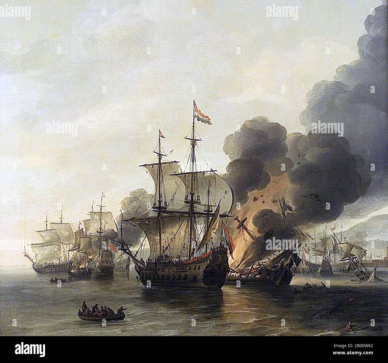 Maritime: 'Die Schlacht von Leghorn, 4. März 1653'. Öl auf Leinwand Gemälde von Willem Hermansz van Diest (c. 1600-1678), Mitte des 17. Jahrhunderts. Die Seeschlacht von Leghorn (die Holländer nennen die Begegnung mit dem italienischen Namen Livorno) fand am 14. März (4. März Old Style) 1653, während des ersten Anglo-Niederländischen Krieges, in der Nähe von Leghorn (Livorno), Italien. Es war ein Sieg einer holländischen Flotte unter Commodore Johan van Galen über eine englische Staffel unter Captain Henry Appleton. Danach kam eine englische Flotte unter Kapitän Richard Badiley, die Appleton zu erreichen versucht hatte, aber war unternumeriert und floh. Stockfoto