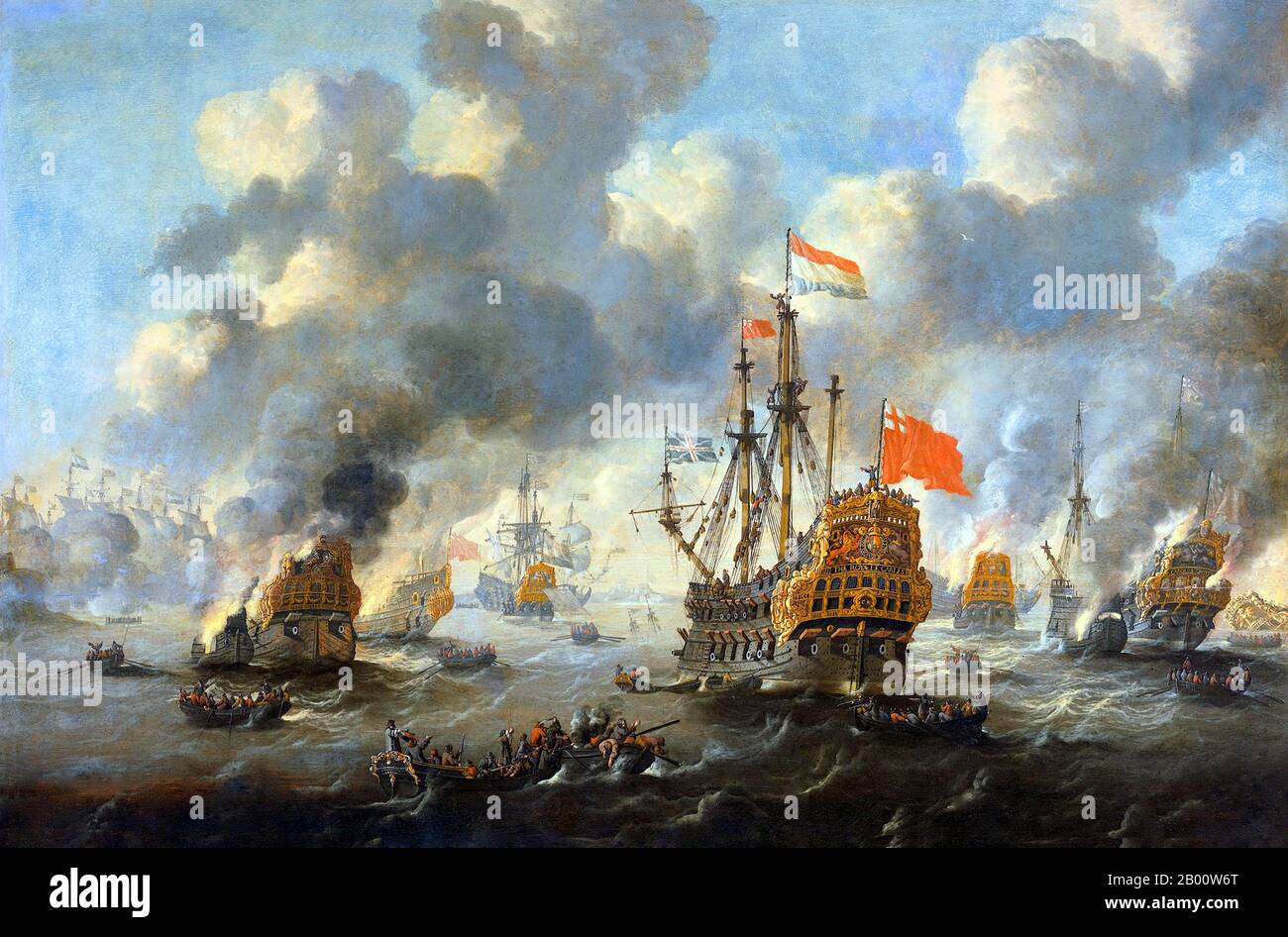 Maritime: 'The Burning of the English Fleet off Chatham, 20. Juni 1667'. Öl auf Tafelmalerei von Peter Van de Velde (1634-1723), c. 1670. Der Überfall auf die Medway, manchmal auch die Schlacht von Medway oder die Schlacht von Chatham genannt, war ein erfolgreicher niederländischer Angriff auf die größten englischen Marineschiffe, die in den Werften ihres Hauptmarinestützpunktes Chatham gelegt wurden, der im Juni 1667 während des zweiten Anglo-Holländischen Krieges stattfand. Stockfoto