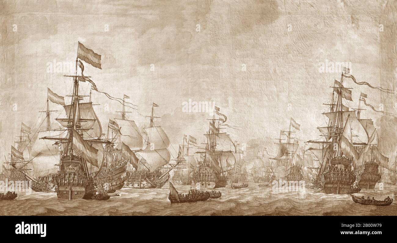 Maritime: "Die Niederländische Flotte Unter Segel". Öl auf Leinwand Gemälde von Willem Van De Velde der Ältere (1611-1693), 1672. „die holländische Flotte unter Sail“ soll eine Darstellung der niederländischen Kampfflotte sein, die 1667 für die Medway und Sheerness in See trat. Diese Expedition unter der Kommando von Admiral De Ruyter führte zu einem atemberaubenden Erfolg. Ein Großteil der englischen Marine wurde zerstört oder gefangen genommen. Die holländischen Schiffe, die an diesem Angriff teilgenommen haben, sind auf diesem Gemälde dargestellt. Rechts befindet sich die Witte Olifant (Baujahr 1666), die leicht an einem weißen Elefanten auf ihrem Heck erkennbar ist. Stockfoto