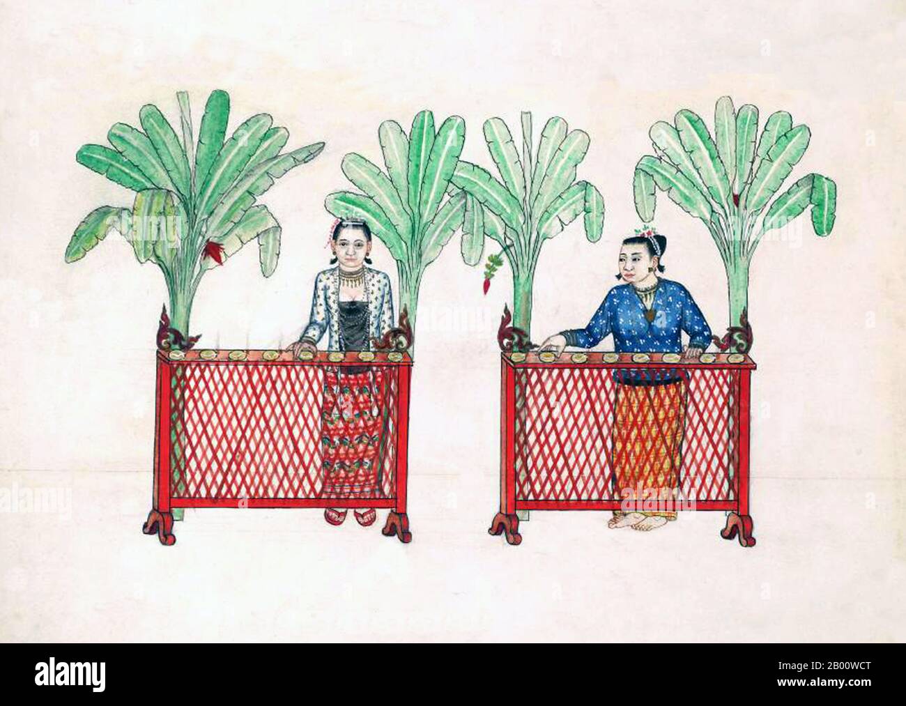 Birma/Myanmar: Frauen veranstalten spezielle Snacks für das Festival am Silvesterabend. Dieses Gemälde, von einem unbekannten burmesischen Künstler, ist aus einem Aquarell Skizzenalbum von c.1897, das Illustrationen von buddhistischen Mönchen, Buddha, Klöster, Krematationen und häusliche Szenen enthält. Die Legende schreibt die erste buddhistische Lehre in Burma auf 228 v. Chr. zurück, als Sohn Uttar Sthavira, einer der königlichen Mönche von Kaiser Ashoka dem Großen von Indien, mit anderen Mönchen und heiligen Texten ins Land kam. Allerdings begann die Ära des Buddhismus wirklich im 11. Jahrhundert, nachdem König Anawrahta von Pagan (Bagan) konvertierte. Stockfoto