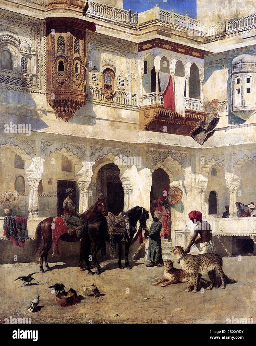 Indien: 'Der Rajah beginnt auf einer Jagd'. Öl auf Leinwand Gemälde von Edwin Lord Weeks (1849-1903), c. 1892. Edwin Lord Weeks (1849 – 1903), amerikanischer Künstler und Orientalist, wurde 1849 in Boston, Massachusetts, geboren. Er war Schüler von Léon Bonnat und von Jean-Léon Gérôme, in Paris. Er machte viele Reisen in den Osten, und wurde als Maler der orientalischen Szenen ausgezeichnet. Weeks' Eltern waren wohlhabende Gewürz-und Tee-Händler aus Newton, einem Vorort von Boston und als solche waren sie in der Lage zu akzeptieren, wahrscheinlich zu ermutigen, und sicherlich finanzieren ihres Sohnes jugendliches Interesse an Malerei und Reisen. Stockfoto
