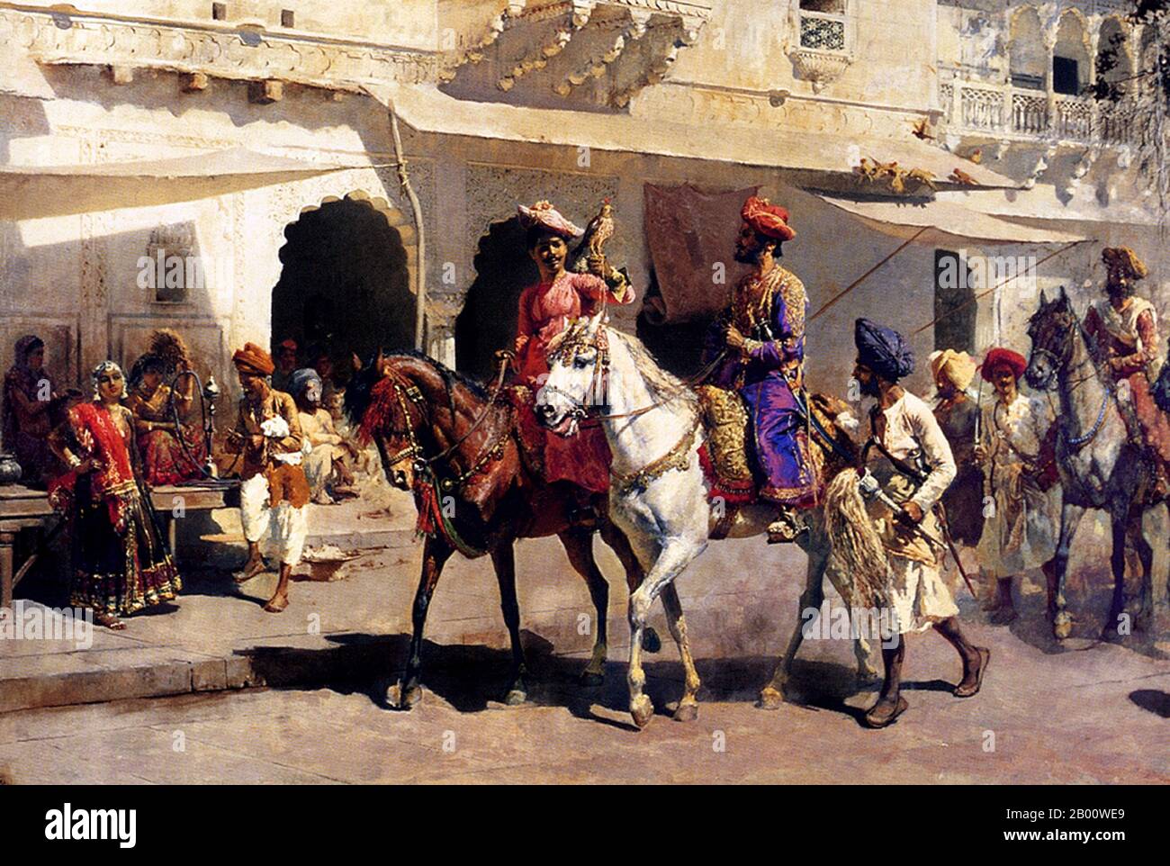 Indien: 'Auf zur Jagd nach Gwalior'. Öl auf Leinwand Gemälde von Edwin Lord Weeks (1849-1903), 1887. Edwin Lord Weeks (1849 – 1903), amerikanischer Künstler und Orientalist, wurde 1849 in Boston, Massachusetts, geboren. Er war Schüler von Léon Bonnat und von Jean-Léon Gérôme, in Paris. Er machte viele Reisen in den Osten, und wurde als Maler der orientalischen Szenen ausgezeichnet. Weeks' Eltern waren wohlhabende Gewürz-und Tee-Händler aus Newton, einem Vorort von Boston und als solche waren sie in der Lage zu akzeptieren, wahrscheinlich zu ermutigen, und sicherlich finanzieren ihres Sohnes jugendliches Interesse an Malerei und Reisen. Stockfoto