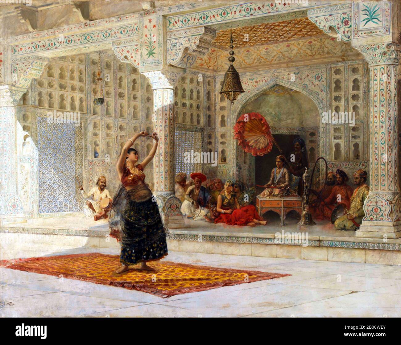 Indien: 'The Nautch'. Öl auf Leinwand Gemälde von Edwin Lord Weeks (1849-1903), c. 1880. Edwin Lord Weeks (1849 – 1903), amerikanischer Künstler und Orientalist, wurde 1849 in Boston, Massachusetts, geboren. Er war Schüler von Léon Bonnat und von Jean-Léon Gérôme, in Paris. Er machte viele Reisen in den Osten, und wurde als Maler der orientalischen Szenen ausgezeichnet. Weeks' Eltern waren wohlhabende Gewürz-und Tee-Händler aus Newton, einem Vorort von Boston und als solche waren sie in der Lage zu akzeptieren, wahrscheinlich zu ermutigen, und sicherlich finanzieren ihres Sohnes jugendliches Interesse an Malerei und Reisen. Stockfoto