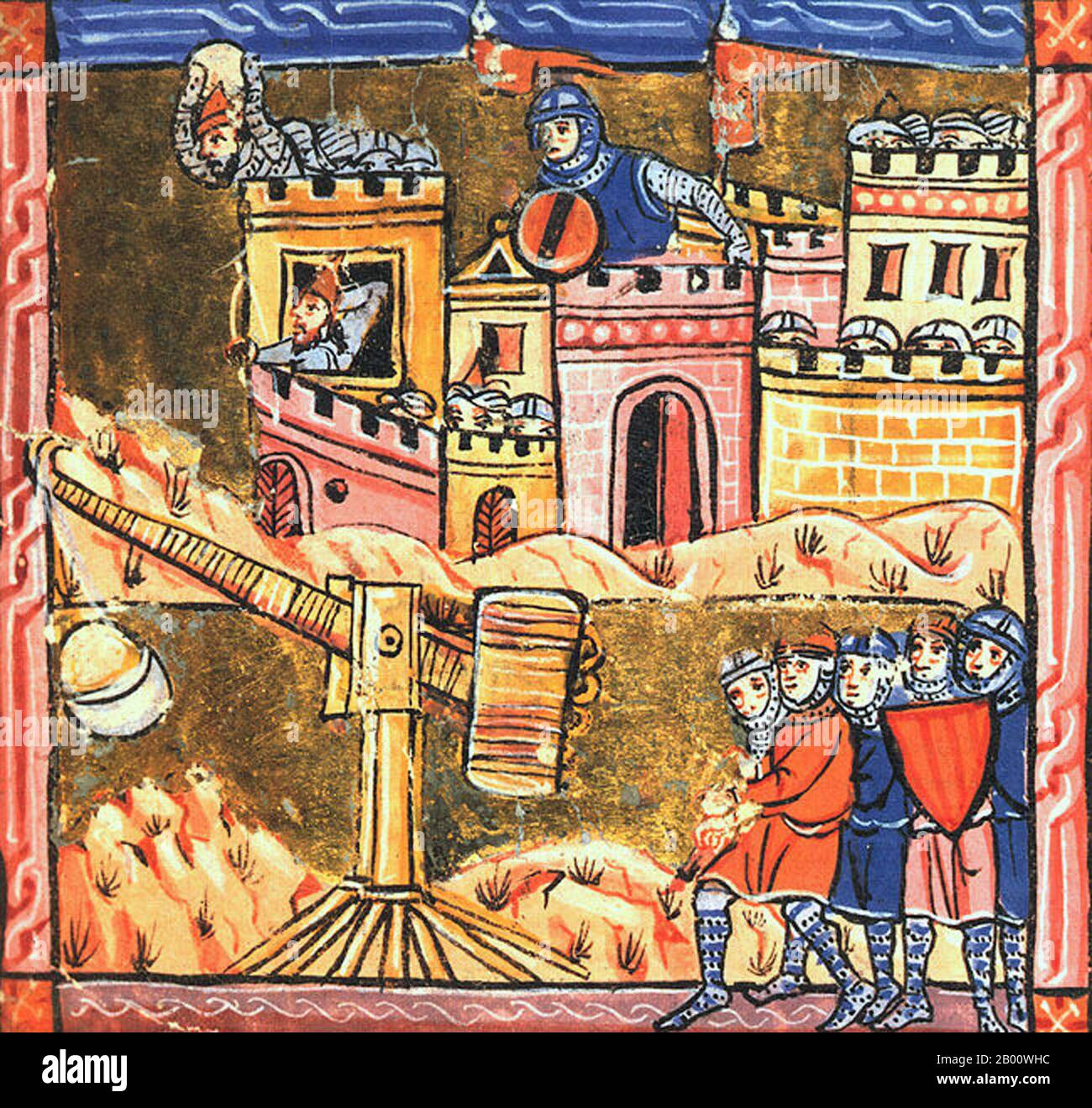 Palästina: Die Belagerung von Akko war die erste große Konfrontation des Dritten Kreuzzugs (1189-1192). Miniatur von einem unbekannten Künstler, c. 1280. Der Dritte Kreuzzug (1189–1192), auch bekannt als der Kreuzzug der Könige, war ein Versuch europäischer Führer, das Heilige Land von Saladin (Salāh ad-Dīn Yūsuf ibn Ayyūb) zurückzuerobern. Sie war weitgehend erfolgreich, blieb aber hinter ihrem ultimativen Ziel zurück – der Rückeroberung Jerusalems. Stockfoto