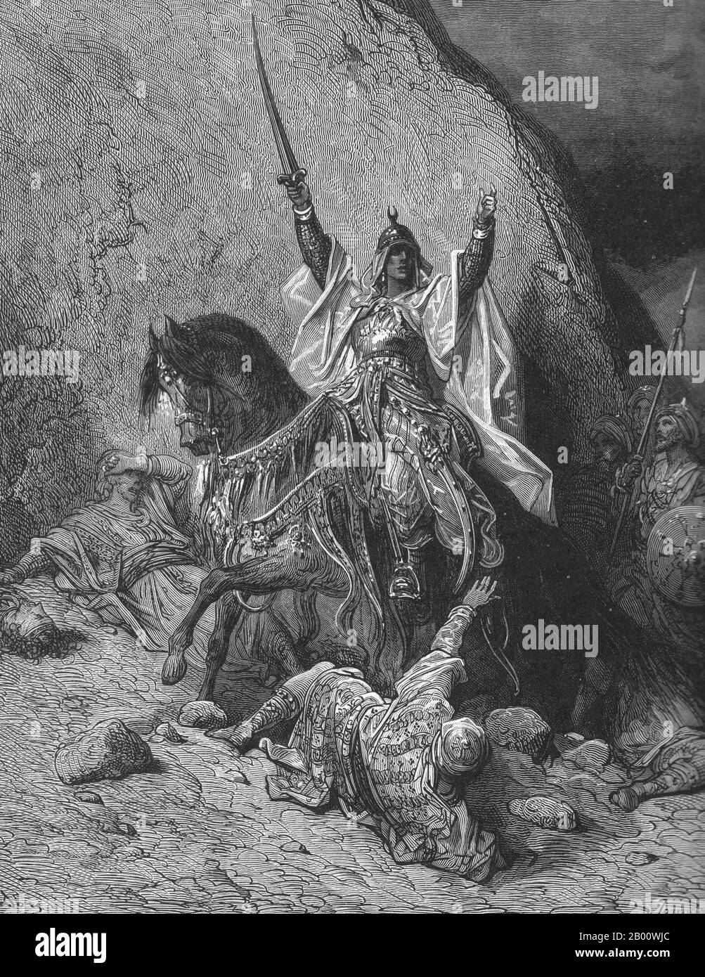 Ägypten/Syrien: Darstellung eines siegreichen Saladins aus dem 19. Jahrhundert. Stich von Gustave Doré (1832-1883), 19. Jahrhundert. Ṣalāḥ ad-Dīn Yūsuf ibn Ayyūb (c. 1138 – 4. März 1193), in der westlichen Welt besser bekannt als Saladin, war ein kurdischer Muslim, der der erste Ayyubide Sultan von Ägypten und Syrien wurde. Er führte die islamische Opposition gegen die Franken und andere europäische Kreuzfahrer in der Levante. Auf dem Höhepunkt seiner Macht regierte er über Ägypten, Syrien, Mesopotamien, Hejaz und Jemen. Er führte die Muslime gegen die Kreuzfahrer und schließlich wieder Palästina aus dem Kreuzritterreich von Jerusalem. Stockfoto