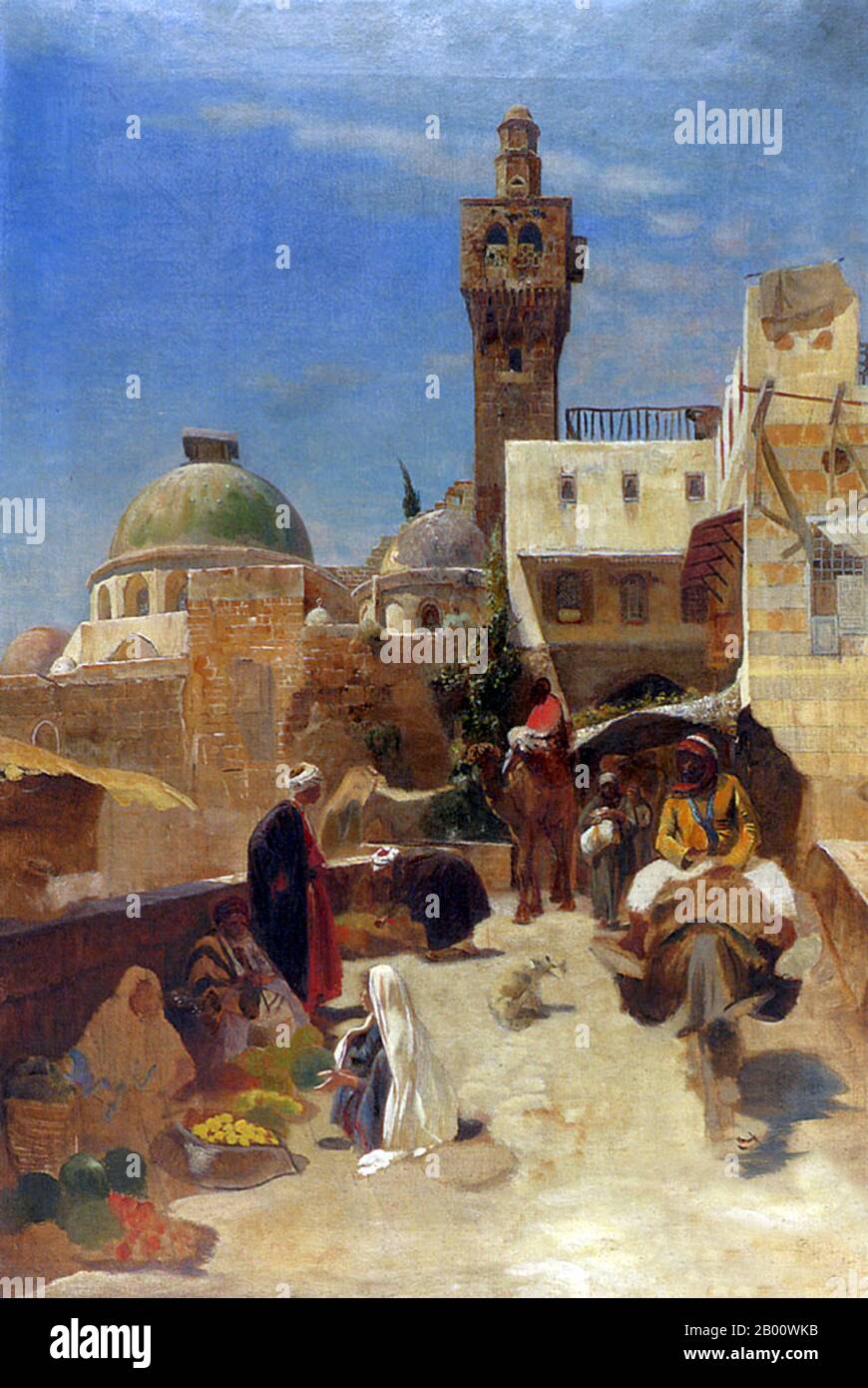 Palästina: 'Eine Orientalische Straßenszene'. Öl auf Leinwand Gemälde von Gustav Bauernfeind (1848-1904), Ende des 19. Jahrhunderts. Gustav Bauernfeind (1848-1904) war ein deutscher Orientalistischer Maler. Nach seinem ersten Besuch in Jaffa und Jerusalem in den Jahren 1880-81, reiste er weit in den Nahen Osten, vor allem in das Heilige Land und Damaskus, schließlich in Jerusalem, wo er starb 1904. Stockfoto