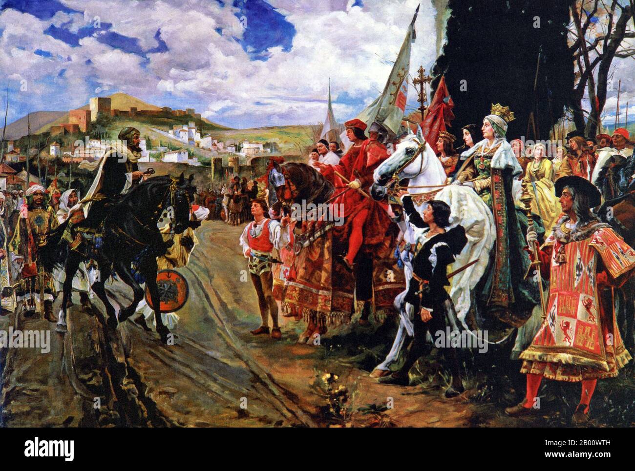 Spanien/Maghreb: "Die Kapitulation von Granada". Öl auf Leinwand Gemälde von Francisco Pradilla Ortiz (1848-1921), 1882 Abu 'abd-Allah Muhammad XII (c. 1460- c. 1533), bekannt als Boabdil, war der 22. Und letzte Nasridenherrscher von Granada. Im Jahre 1491 wurde Muhammad XII. Von Ferdinand und Isabella zur Kapitulation der Stadt Granada aufgefordert, und auf seine Weigerung wurde es von den Kastiliern belagert. Schließlich, am 2. Januar 1492, wurde Granada aufgegeben. Boabdil übergab Ferdinand die Schlüssel von Granada an den Ufern des Genil, was das Ende der arabischen Herrschaft in Spanien markierte. Stockfoto