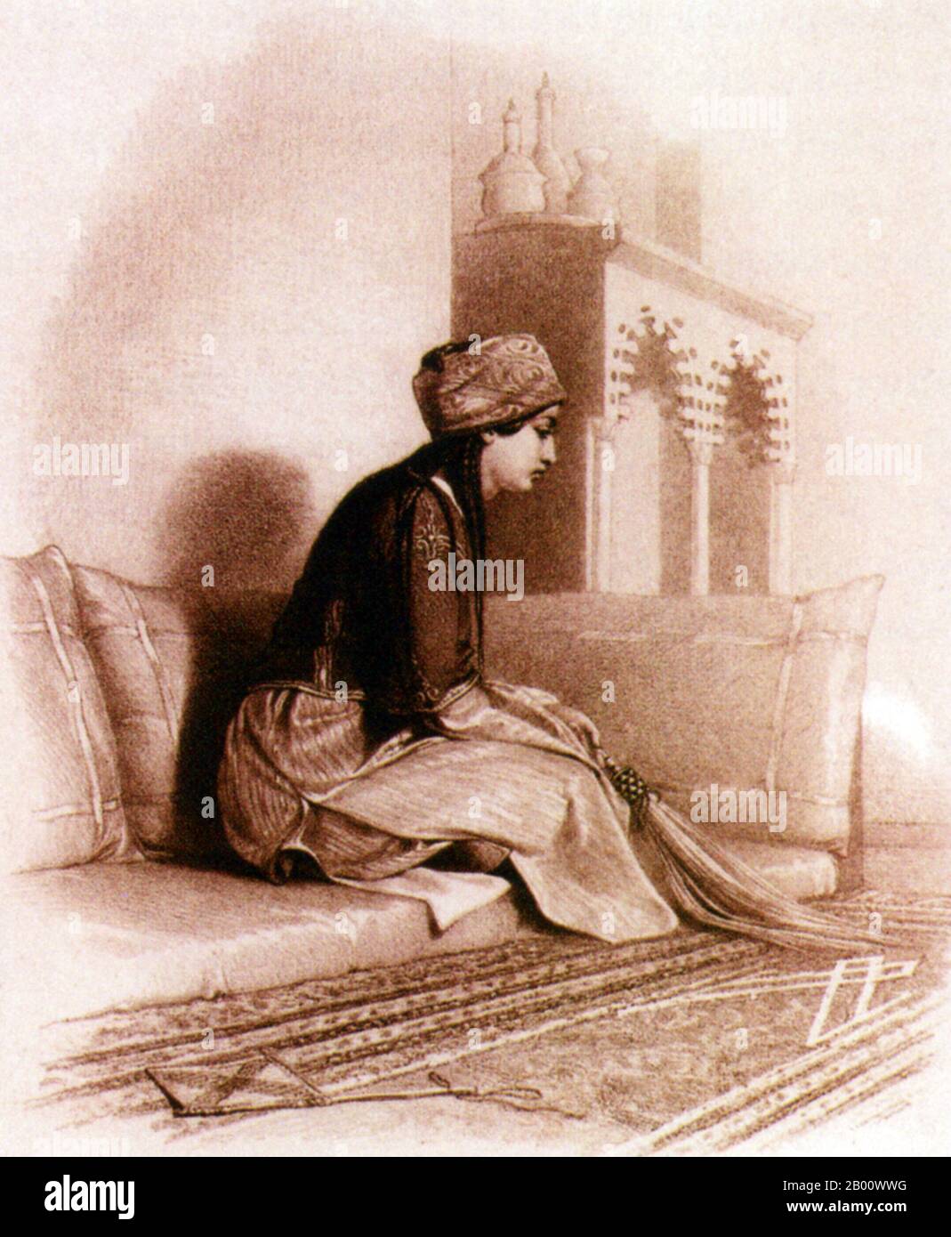 Ägypten: Eine Skizze einer ägyptischen Frau aus den 1830er Jahren von Edward W. Lane (1801-1876). Einige sagen, das Porträt ist in der Tat, Lane griechische Frau Nefeeseh, die er auf einem Sklavenmarkt in Kairo gekauft. Edward William Lane (1801-1876) war ein britischer Orientalist, Übersetzer und arabischer Gelehrter, der von 1825 bis 28 im osmanischen Kairo lebte. So fasziniert war er mit Ägypten, zog sich als osmanischer Türke an und verbrachte viel Zeit damit, die Hinterstraßen von Kairo zu skizzieren. Nach seiner Rückkehr nach England übersetzte er den Roman ‘Arabische Nächte’ [‘1001 Nächte’] und ‘SWahlen aus dem Koran’. Stockfoto
