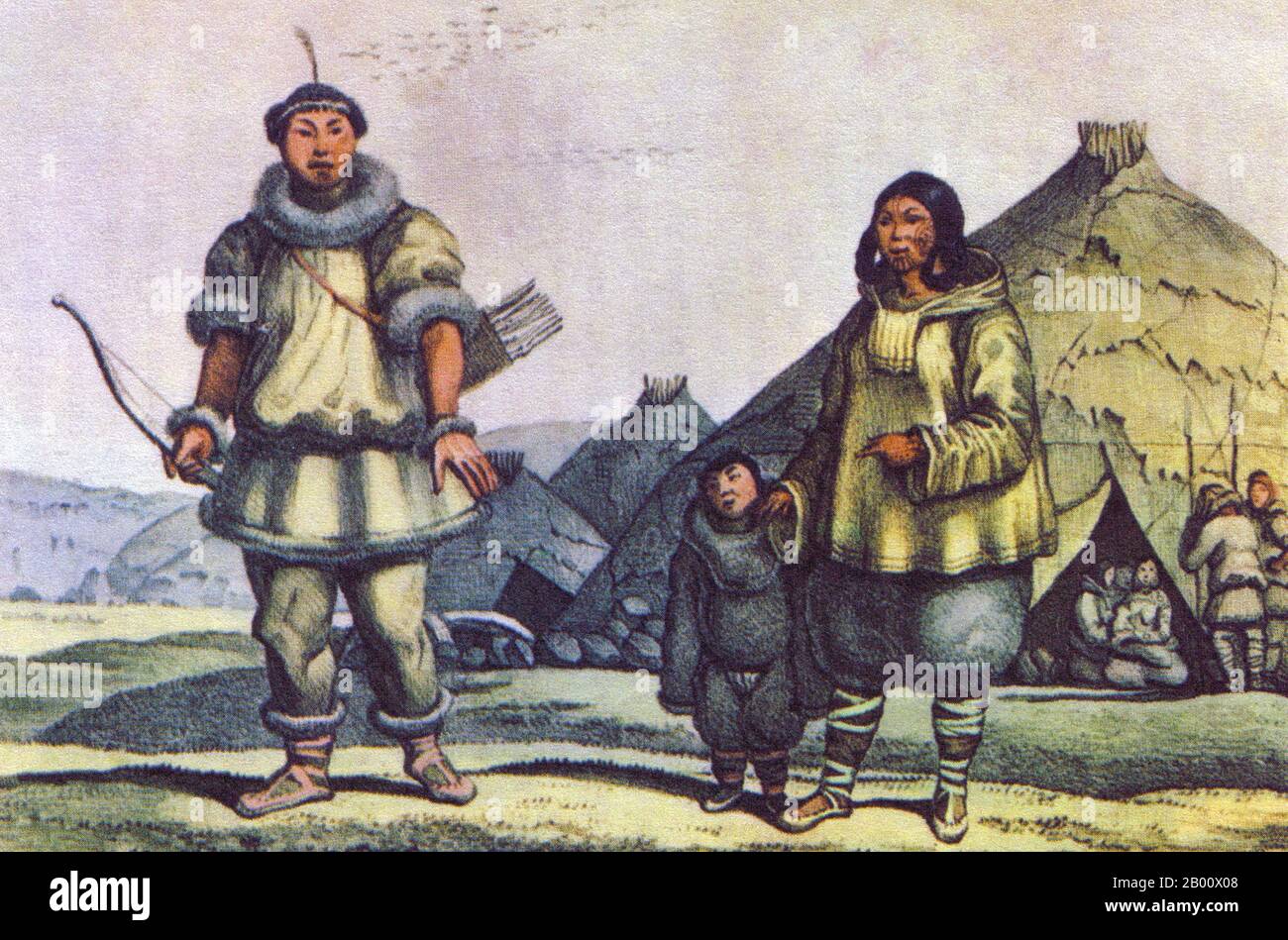 Russland: Eine Tschuktschen-Familie vor ihrem Haus in der Nähe der Beringstraße. Zeichnung von Louis Choris (1795-1828), 1816. Tschuktschen oder Tschuktschen sind ein indigenes Volk, das auf der Halbinsel Tschuktschen und an den Ufern des Tschuktschen Meeres und der Beringsee-Region des Arktischen Ozeans innerhalb der Russischen Föderation lebt. Sie sprechen die Sprache der Tschuktschen. Die Tschuktschen stammten von den Menschen, die um das Ochotsker Meer lebten. Stockfoto