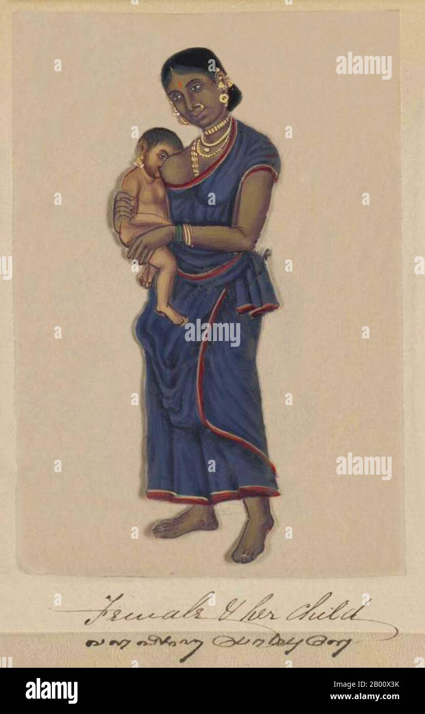 Indien: 'Eine Frau mit Kind'. Handkoloriertes Bild auf einem dünnen Glimmerblatt aus einem Manuskript mit dem Titel: „zweiundsiebzig Kastenexemplare ‘sIndien“ (Madura, Südindien: 1837). Das vollständige Buch besteht aus 72 handbemalten Bildern von Männern und Frauen der verschiedenen Kasten und religiösen und ethnischen Gruppen, die in Madura, Tamil Nadu, damals gefunden wurden. Das Manuskript zeigt indische Kleider- und Schmuckverzierungen in der Madura-Region, wie sie vor dem Beginn westlicher Einflüsse auf südasiatische Kleidung und Stil erschienen. Jedes Bildnis ist in Englisch und in Tamil untertipptelt. Stockfoto