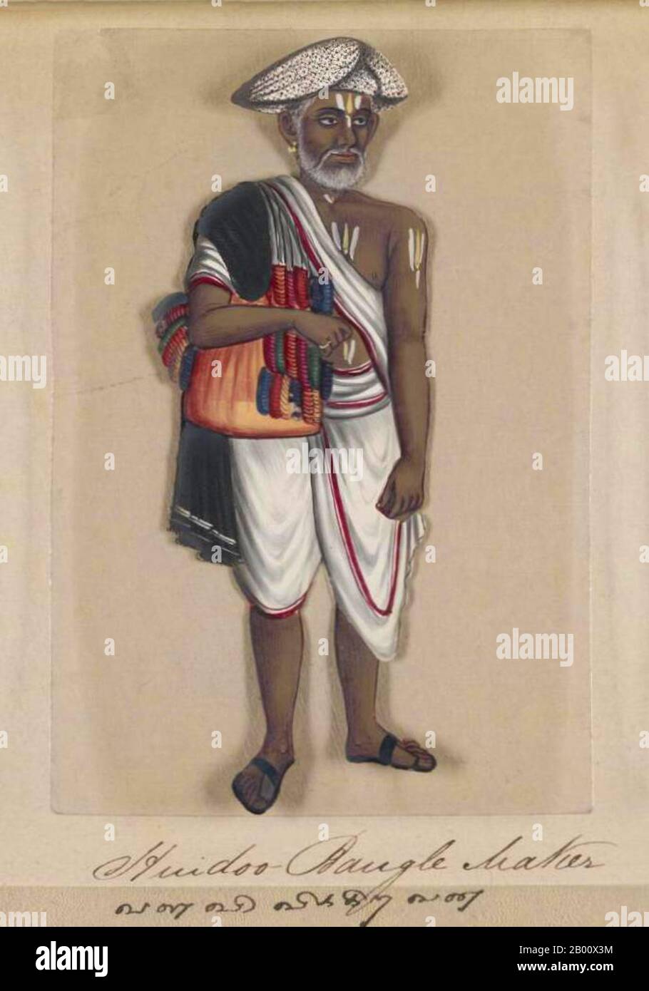 Indien: 'Hindoo/Hindu Angle Maker'. Handkoloriertes Bild auf einem dünnen Glimmerblatt aus einem Manuskript mit dem Titel: „zweiundsiebzig Kastenexemplare ‘sIndien“ (Madura, Südindien: 1837). Das vollständige Buch besteht aus 72 handbemalten Bildern von Männern und Frauen der verschiedenen Kasten und religiösen und ethnischen Gruppen, die in Madura, Tamil Nadu, damals gefunden wurden. Das Manuskript zeigt indische Kleider- und Schmuckverzierungen in der Madura-Region, wie sie vor dem Beginn westlicher Einflüsse auf südasiatische Kleidung und Stil erschienen. Jedes Bildnis ist in Englisch und in Tamil untertipptelt. Stockfoto