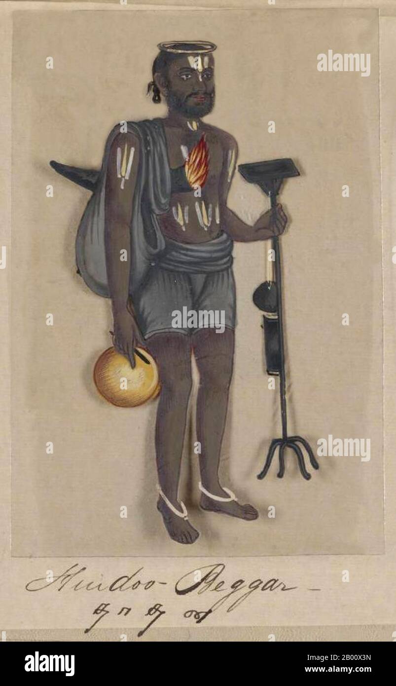 Indien: 'Hindoo/Hindu-Bettler'. Handkoloriertes Bild auf einem dünnen Glimmerblatt aus einem Manuskript mit dem Titel: „zweiundsiebzig Kastenexemplare ‘sIndien“ (Madura, Südindien: 1837). Das vollständige Buch besteht aus 72 handbemalten Bildern von Männern und Frauen der verschiedenen Kasten und religiösen und ethnischen Gruppen, die in Madura, Tamil Nadu, damals gefunden wurden. Das Manuskript zeigt indische Kleider- und Schmuckverzierungen in der Madura-Region, wie sie vor dem Beginn westlicher Einflüsse auf südasiatische Kleidung und Stil erschienen. Jedes Bildnis ist in Englisch und in Tamil untertipptelt. Stockfoto