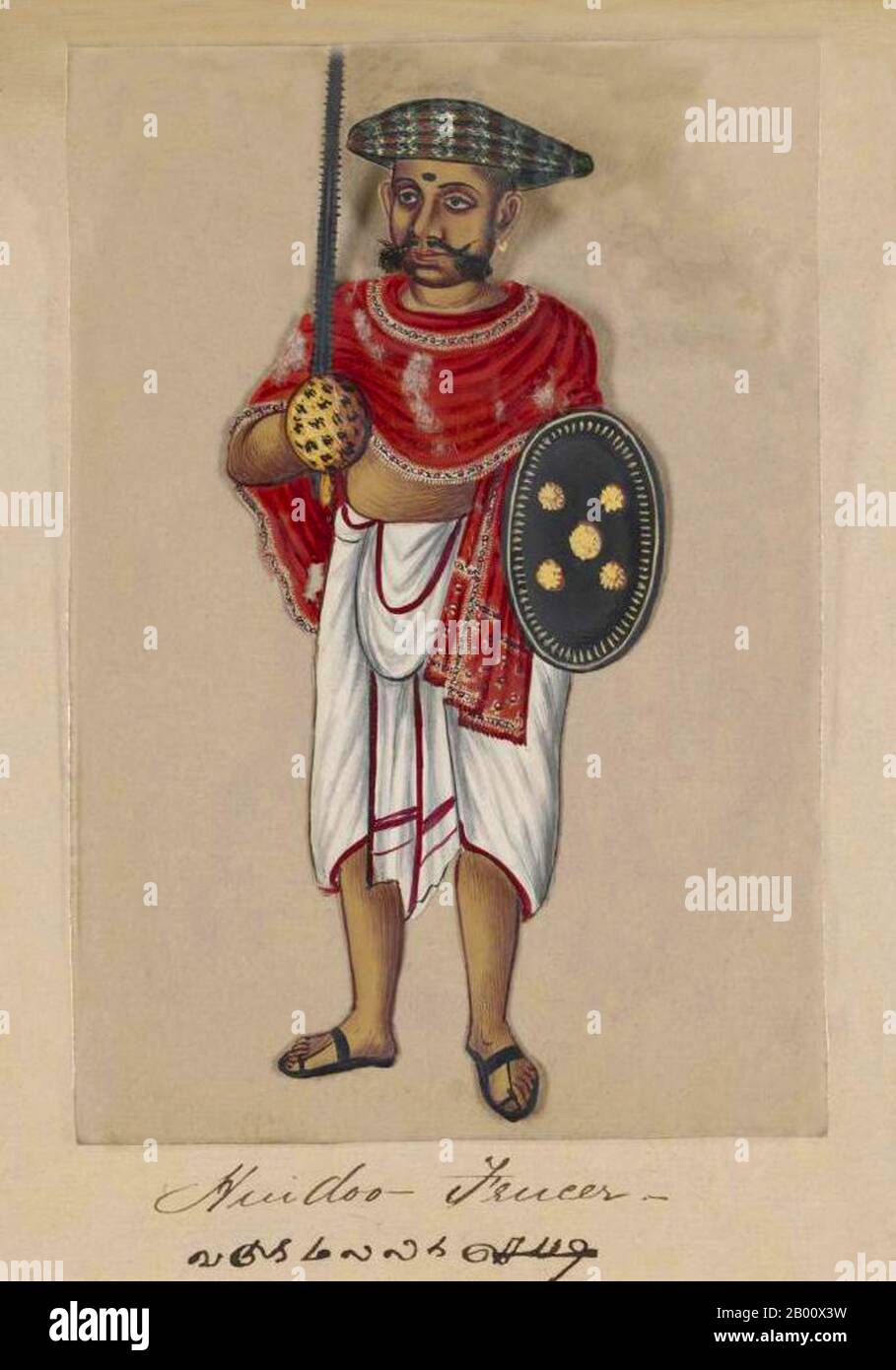 Indien: 'Ein Hindoo/Hindu-Fencer'. Handkoloriertes Bild auf einem dünnen Glimmerblatt aus einem Manuskript mit dem Titel: „zweiundsiebzig Kastenexemplare ‘sIndien“ (Madura, Südindien: 1837). Das vollständige Buch besteht aus 72 handbemalten Bildern von Männern und Frauen der verschiedenen Kasten und religiösen und ethnischen Gruppen, die in Madura, Tamil Nadu, damals gefunden wurden. Das Manuskript zeigt indische Kleider- und Schmuckverzierungen in der Madura-Region, wie sie vor dem Beginn westlicher Einflüsse auf südasiatische Kleidung und Stil erschienen. Jedes Bildnis ist in Englisch und in Tamil untertipptelt. Stockfoto