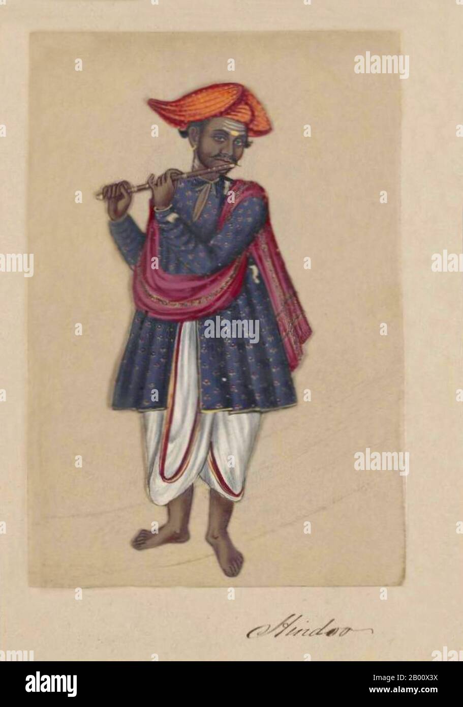 Indien: 'Hindoo/Hindu-Flötist'. Handkoloriertes Bild auf einem dünnen Glimmerblatt aus einem Manuskript mit dem Titel: „zweiundsiebzig Kastenexemplare ‘sIndien“ (Madura, Südindien: 1837). Das vollständige Buch besteht aus 72 handbemalten Bildern von Männern und Frauen der verschiedenen Kasten und religiösen und ethnischen Gruppen, die in Madura, Tamil Nadu, damals gefunden wurden. Das Manuskript zeigt indische Kleider- und Schmuckverzierungen in der Madura-Region, wie sie vor dem Beginn westlicher Einflüsse auf südasiatische Kleidung und Stil erschienen. Jedes Bildnis ist in Englisch und in Tamil untertipptelt. Stockfoto