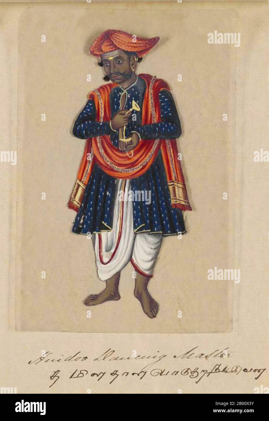 Indien: 'Hindoo/Hindu Dancing Master'. Handkoloriertes Bild auf einem dünnen Glimmerblatt aus einem Manuskript mit dem Titel: „zweiundsiebzig Kastenexemplare ‘sIndien“ (Madura, Südindien: 1837). Das vollständige Buch besteht aus 72 handbemalten Bildern von Männern und Frauen der verschiedenen Kasten und religiösen und ethnischen Gruppen, die in Madura, Tamil Nadu, damals gefunden wurden. Das Manuskript zeigt indische Kleider- und Schmuckverzierungen in der Madura-Region, wie sie vor dem Beginn westlicher Einflüsse auf südasiatische Kleidung und Stil erschienen. Jedes Bildnis ist in Englisch und in Tamil untertipptelt. Stockfoto