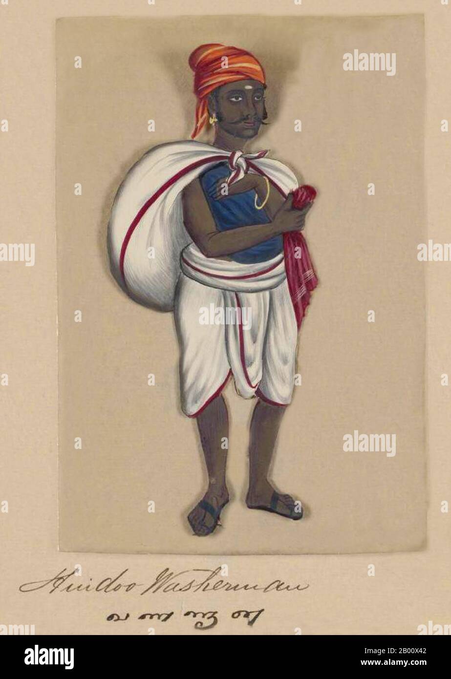 Indien: 'Hindoo/Hindu Washerman'. Handkoloriertes Bild auf einem dünnen Glimmerblatt aus einem Manuskript mit dem Titel: „zweiundsiebzig Kastenexemplare ‘sIndien“ (Madura, Südindien: 1837). Das vollständige Buch besteht aus 72 handbemalten Bildern von Männern und Frauen der verschiedenen Kasten und religiösen und ethnischen Gruppen, die in Madura, Tamil Nadu, damals gefunden wurden. Das Manuskript zeigt indische Kleider- und Schmuckverzierungen in der Madura-Region, wie sie vor dem Beginn westlicher Einflüsse auf südasiatische Kleidung und Stil erschienen. Jedes Bildnis ist in Englisch und in Tamil untertipptelt. Stockfoto