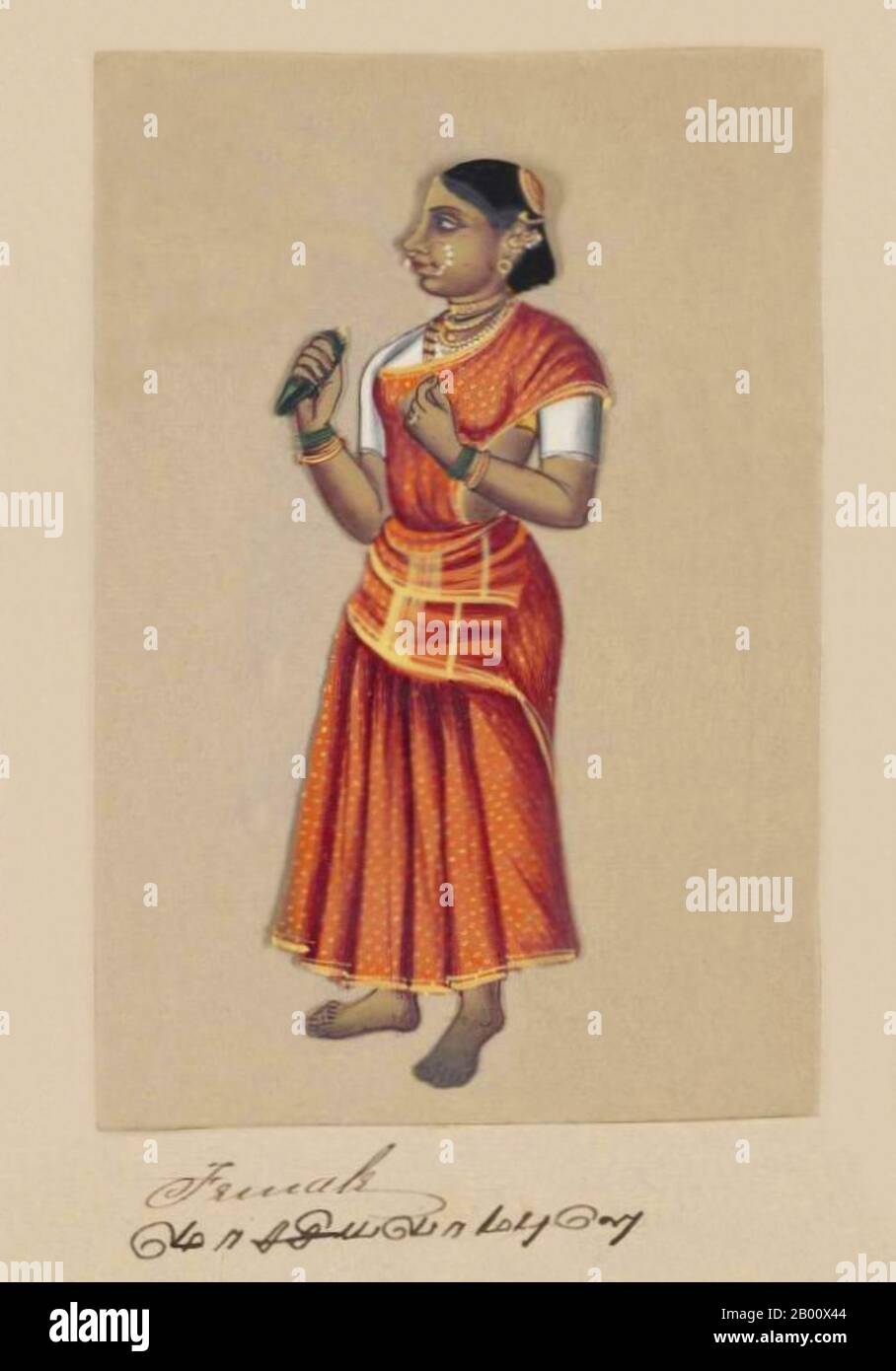 Indien: 'Eine Indische Frau'. Handkoloriertes Bild auf einem dünnen Glimmerblatt aus einem Manuskript mit dem Titel: „zweiundsiebzig Kastenexemplare ‘sIndien“ (Madura, Südindien: 1837). Das vollständige Buch besteht aus 72 handbemalten Bildern von Männern und Frauen der verschiedenen Kasten und religiösen und ethnischen Gruppen, die in Madura, Tamil Nadu, damals gefunden wurden. Das Manuskript zeigt indische Kleider- und Schmuckverzierungen in der Madura-Region, wie sie vor dem Beginn westlicher Einflüsse auf südasiatische Kleidung und Stil erschienen. Jedes Bildnis ist in Englisch und in Tamil untertipptelt. Stockfoto
