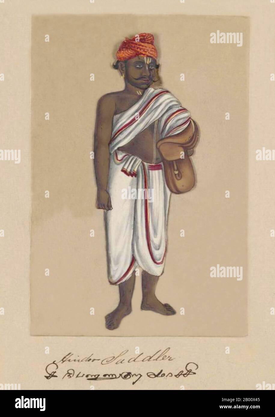 Indien: 'Hindoo/Hindu Saddler'. Handkoloriertes Bild auf einem dünnen Glimmerblatt aus einem Manuskript mit dem Titel: „zweiundsiebzig Kastenexemplare ‘sIndien“ (Madura, Südindien: 1837). Das vollständige Buch besteht aus 72 handbemalten Bildern von Männern und Frauen der verschiedenen Kasten und religiösen und ethnischen Gruppen, die in Madura, Tamil Nadu, damals gefunden wurden. Das Manuskript zeigt indische Kleider- und Schmuckverzierungen in der Madura-Region, wie sie vor dem Beginn westlicher Einflüsse auf südasiatische Kleidung und Stil erschienen. Jedes Bildnis ist in Englisch und in Tamil untertipptelt. Stockfoto