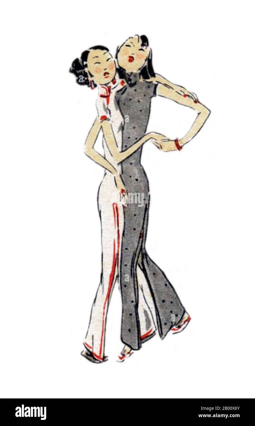 China: Eine Skizze des Nachtlebens im alten Schanghai in den 1930er Jahren, von Friedrich Schiff (1908-1968). Aus einer Serie von Zeichnungen mit dem Titel "Scenes from Shanghai Nightlife", die die Atmosphäre und den Genuss von "Anything goes" inmitten der Armut darstellen, die das alte Shanghai charakterisierten und die bald durch die japanische Invasion (1937) und die kommunistische Revolution (1949) zu einem abrupten Ende gebracht werden sollten. Stockfoto