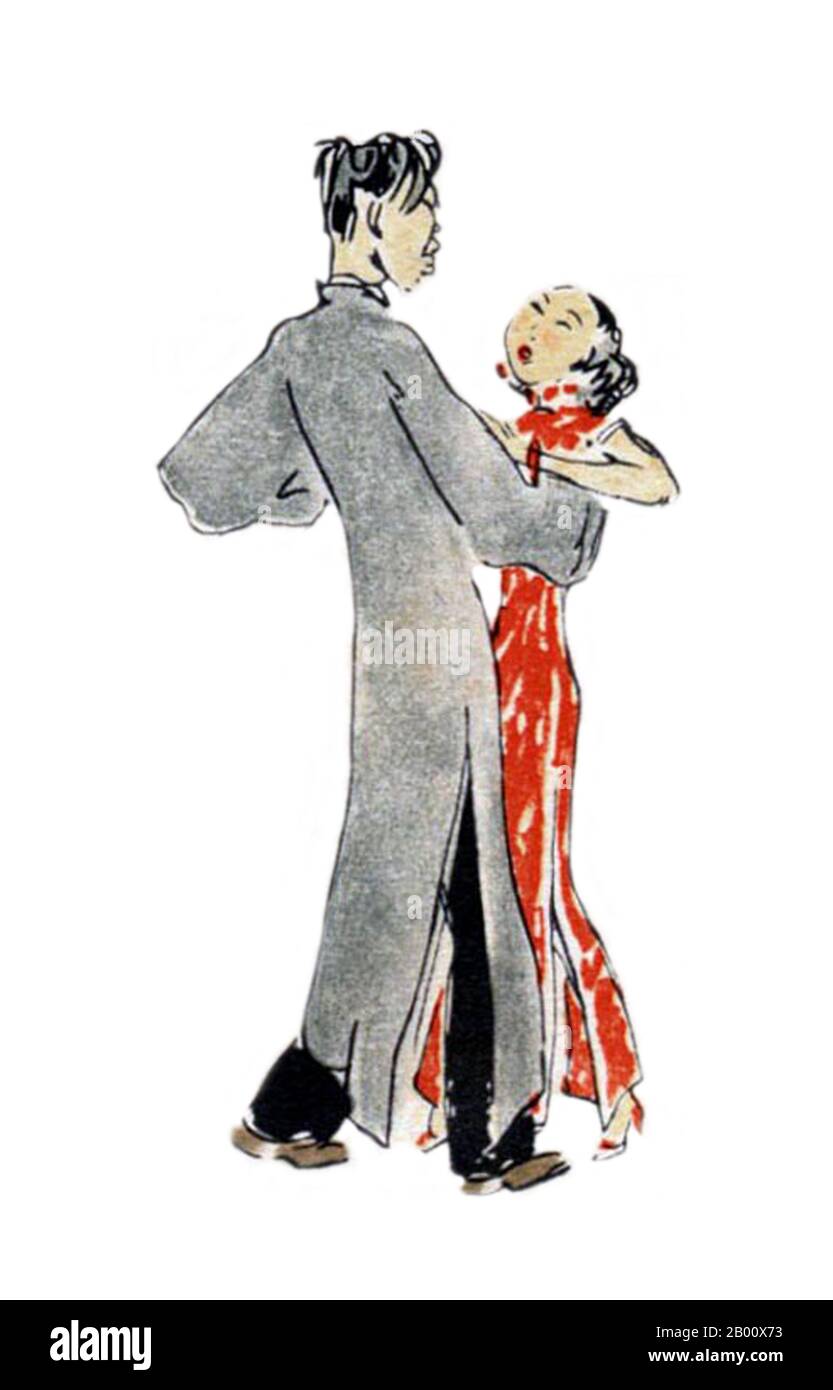 China: Eine Skizze des Nachtlebens im alten Schanghai in den 1930er Jahren, von Friedrich Schiff (1908-1968). Aus einer Serie von Zeichnungen mit dem Titel "Scenes from Shanghai Nightlife", die die Atmosphäre und den Genuss von "Anything goes" inmitten der Armut darstellen, die das alte Shanghai charakterisierten und die bald durch die japanische Invasion (1937) und die kommunistische Revolution (1949) zu einem abrupten Ende gebracht werden sollten. Stockfoto